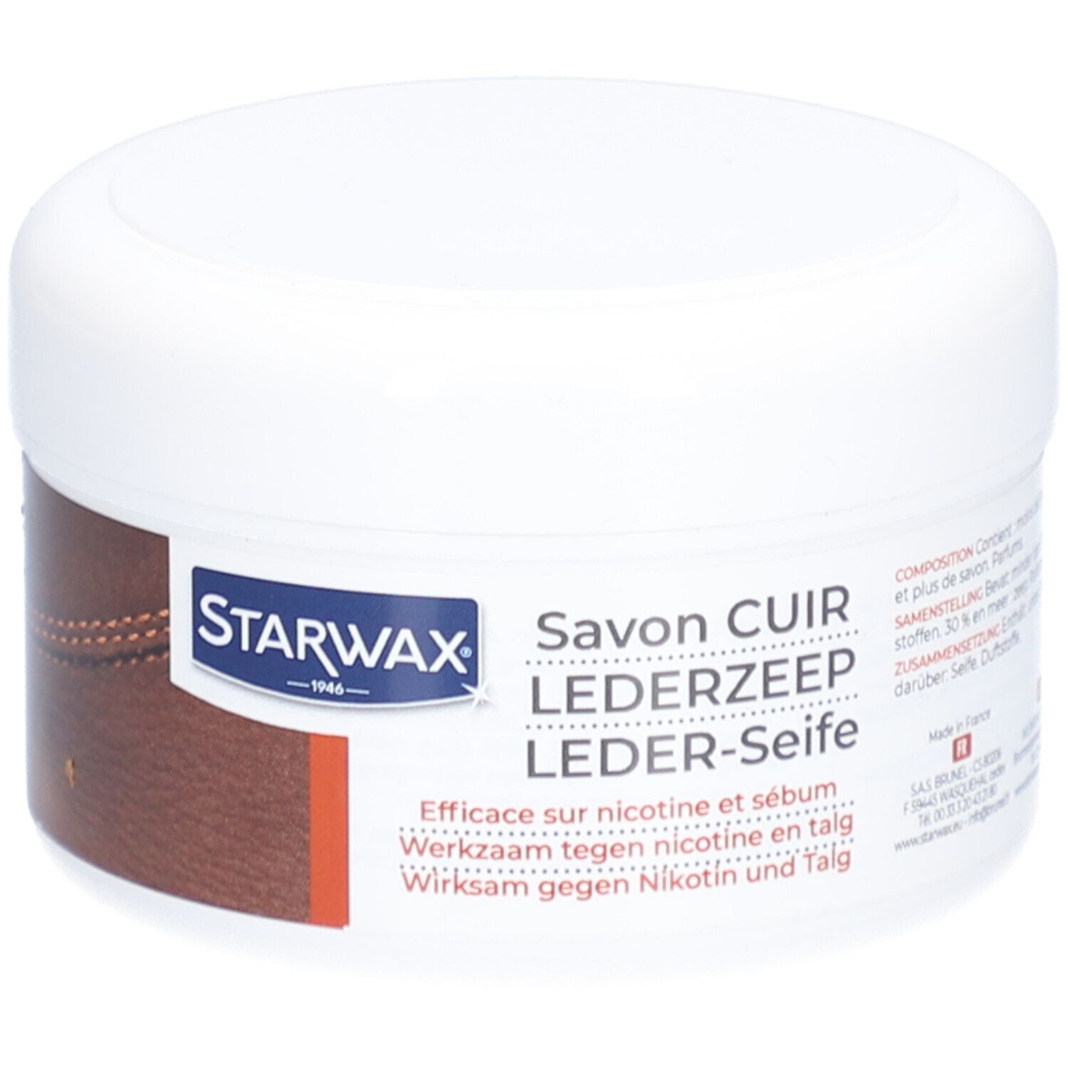 Witte pot met deksel. Opschrift STARWAX, Lederzeep. Bruin leder detail. Tekst: Werkzaam tegen nicotine en talg.