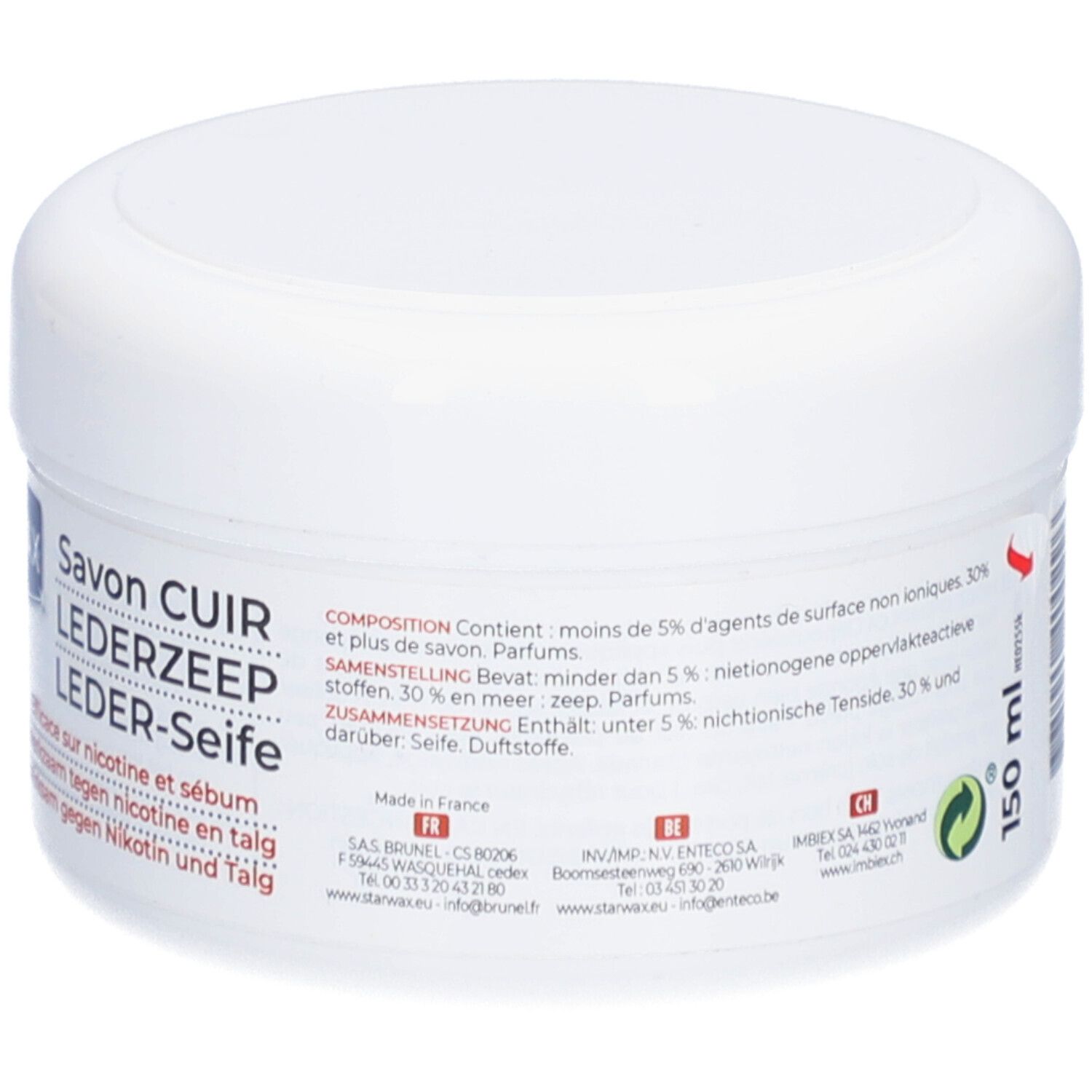 Witte pot met deksel. Opschrift STARWAX, Lederzeep. Tekst: 150 ml. Groen recyclagesymbool. Tekst: Samenstelling: Parfum.