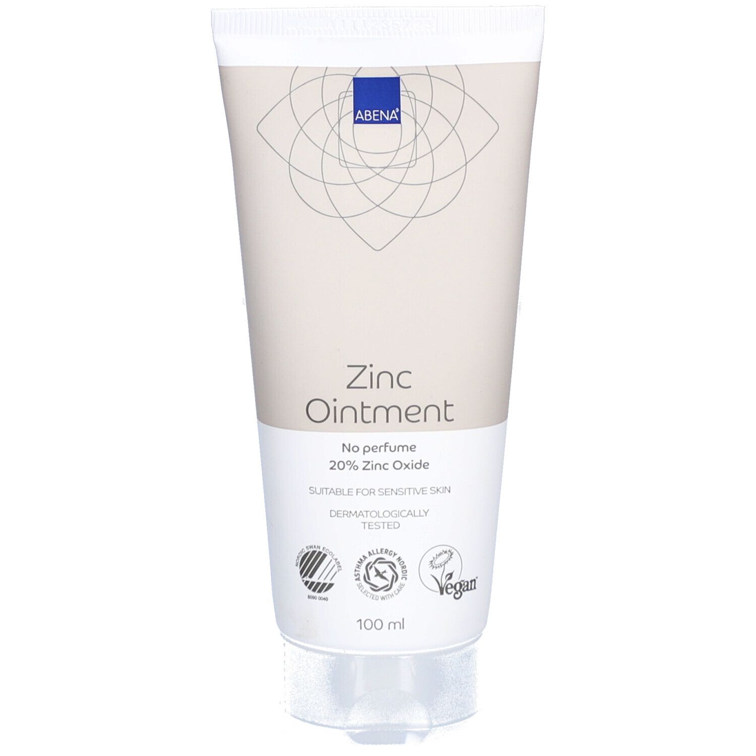 Creme-Tube mit ABENA-Logo und Schriftzug "Zinksalbe". Enthält 20% Zinkoxid. Geeignet für empfindliche Haut. Vegan.