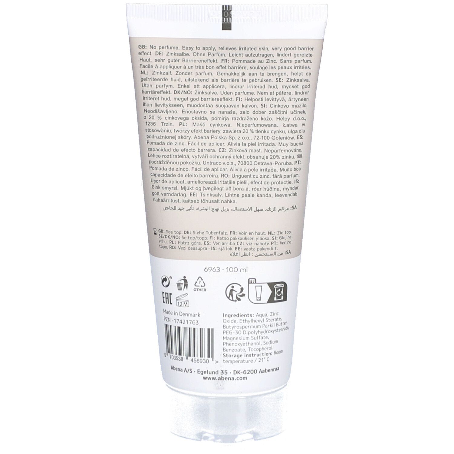 Rückseite der Creme-Tube. Enthält Informationen in mehreren Sprachen, Inhaltsstoffe und Herstelleradresse.
