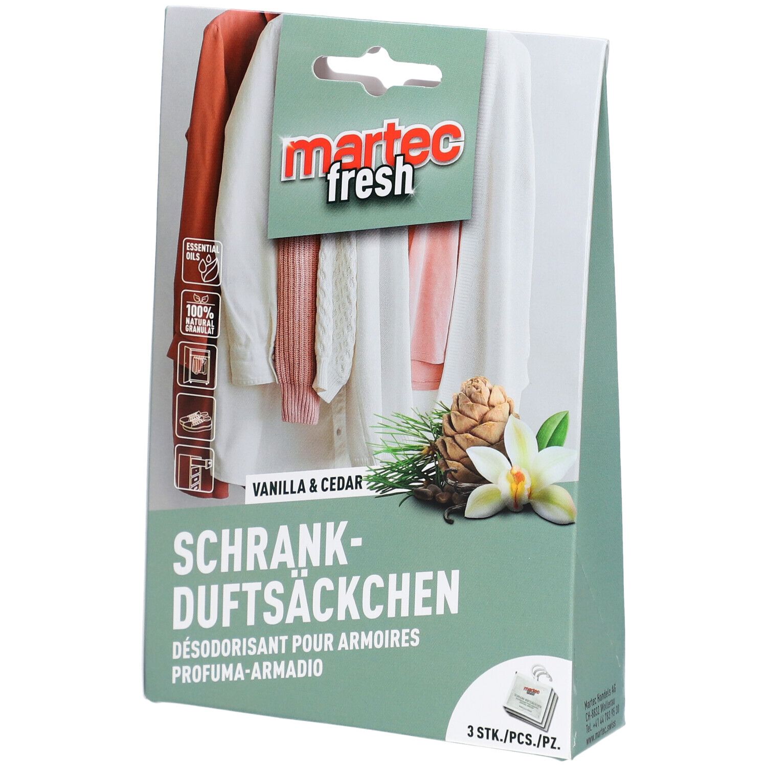 Verpakking MARTEC Schrank-Duftsäckchen. Voorkant: kleding, geuren. Tekst: Vanilla & Cedar, 3 stuks.