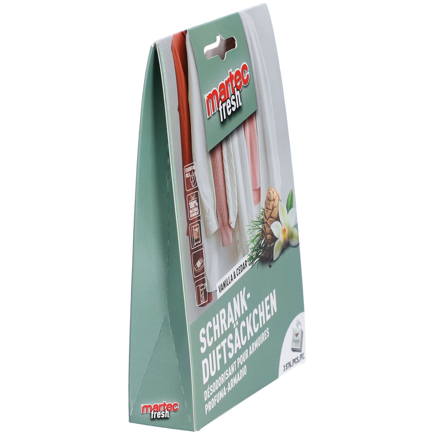 MARTEC Schrank-Duftsäckchen verpakking, schuin. Voorkant: kleding, geuren. Tekst: Vanilla & Cedar, 3 stuks.