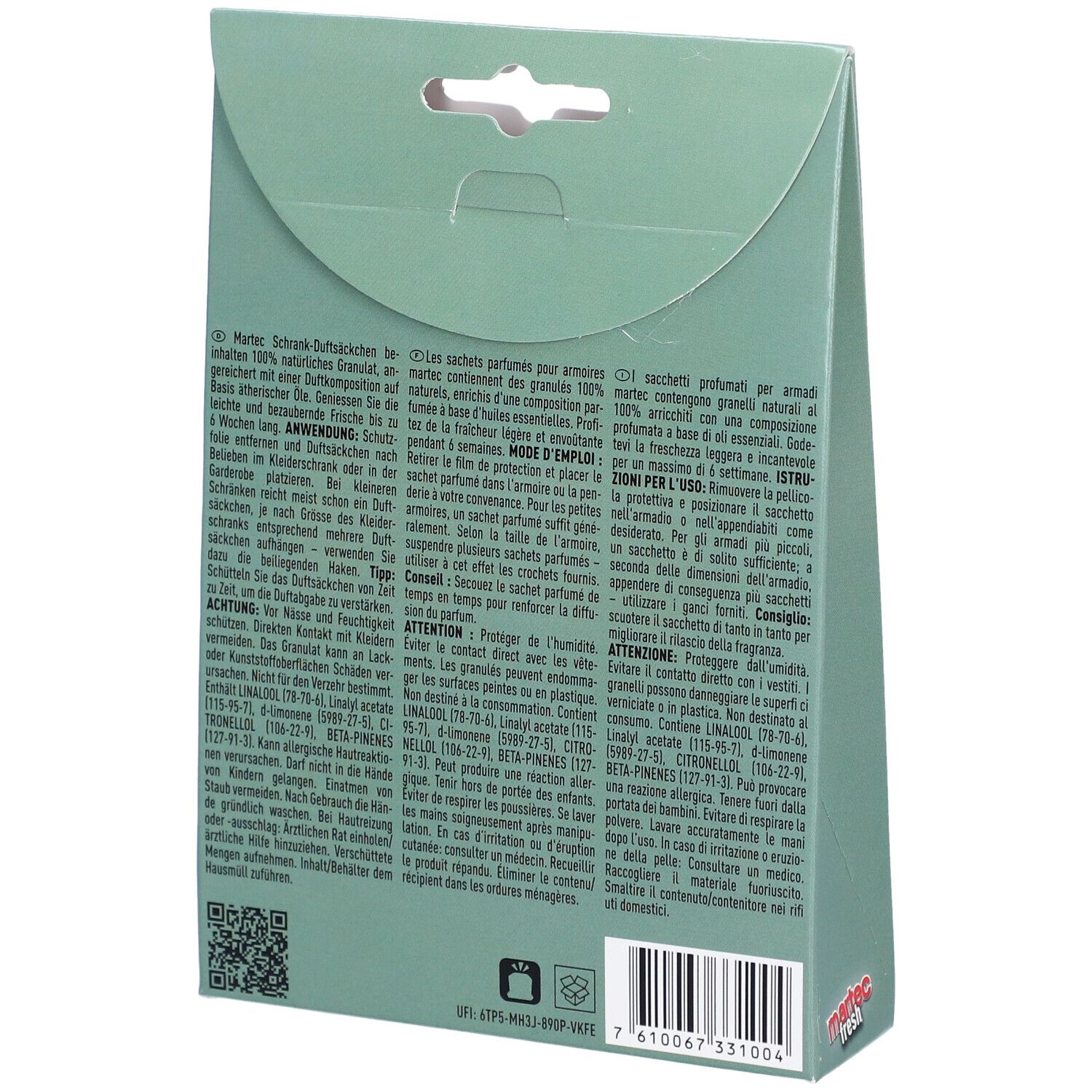Achterkant MARTEC Schrank-Duftsäckchen verpakking. Tekst in Duits, Italiaans, Nederlands en Frans. Barcode.