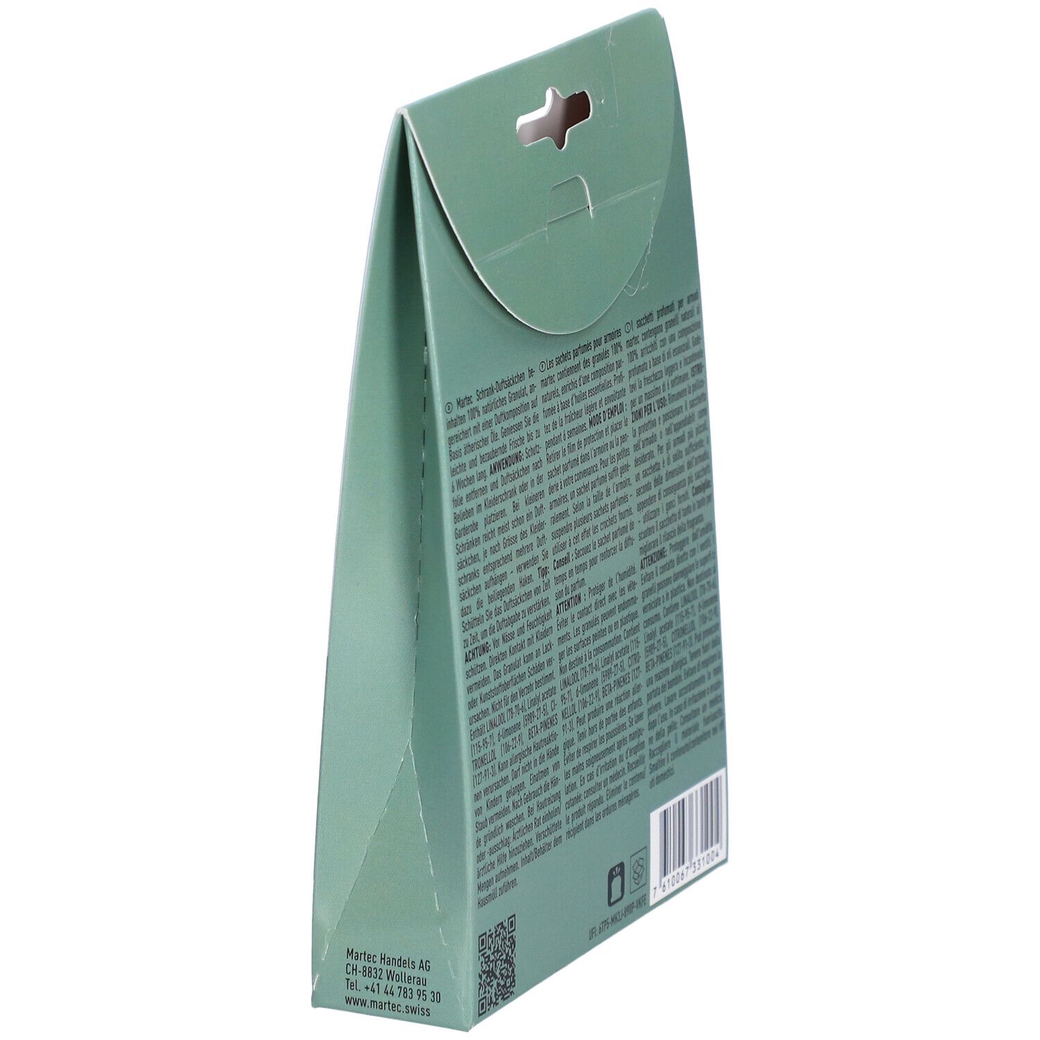 Zijaanzicht van de MARTEC Schrank-Duftsäckchen verpakking. Tekst en barcode op de achterkant.