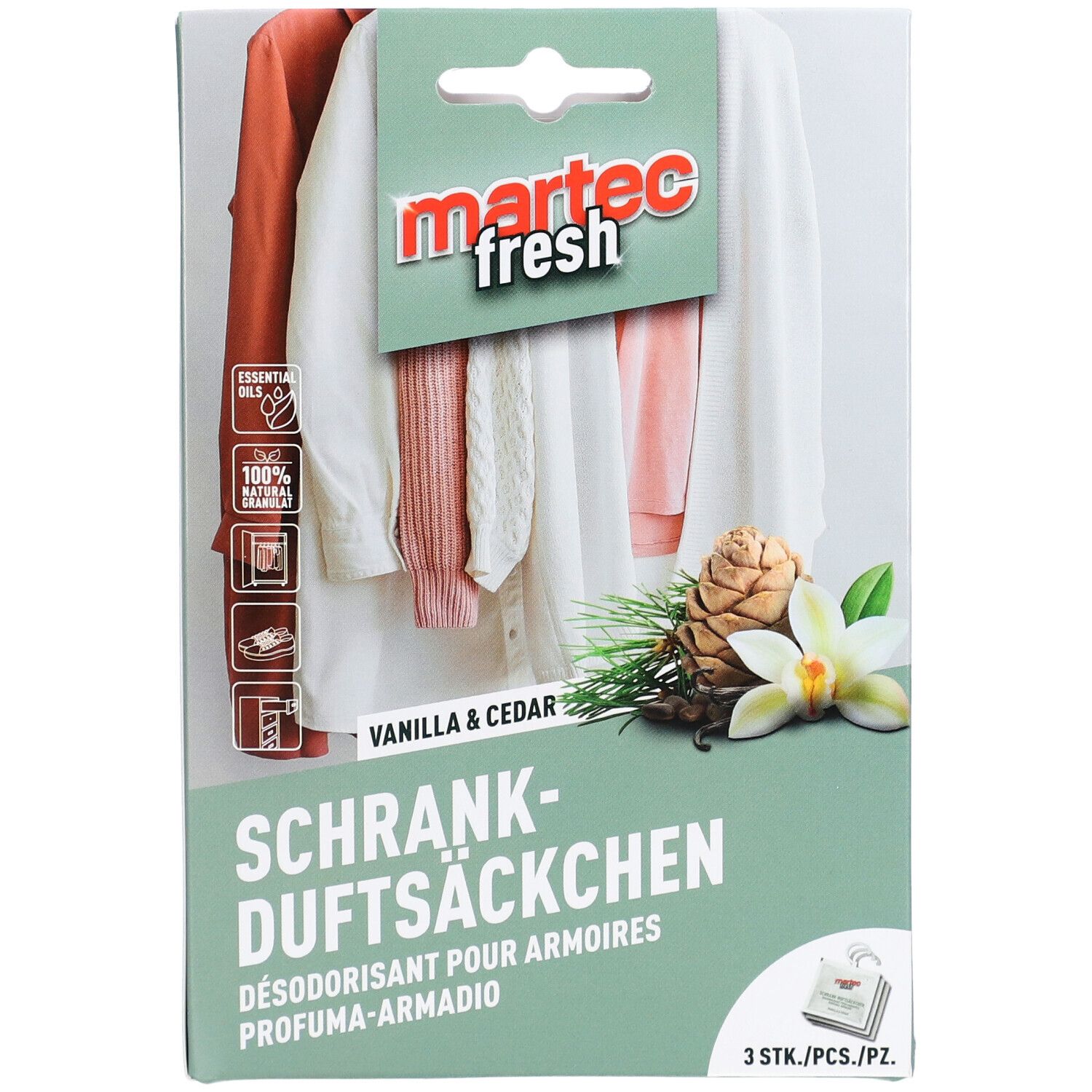 MARTEC Schrank-Duftsäckchen verpakking. Voorkant: kleding, geuren. Tekst: Vanilla & Cedar, 3 stuks.