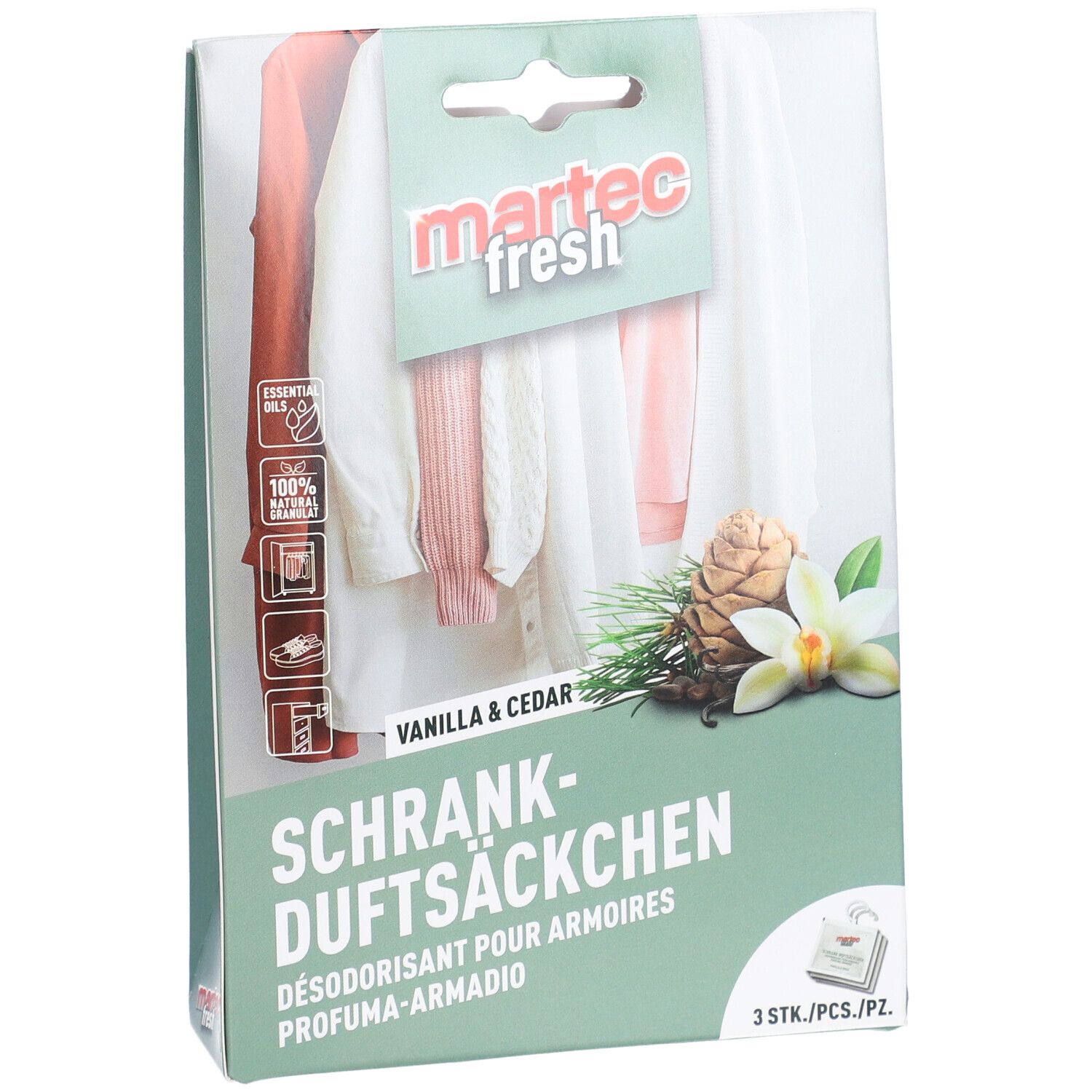 MARTEC Schrank-Duftsäckchen verpakking. Voorkant: kleding, geuren. Tekst: Vanilla & Cedar, 3 stuks.