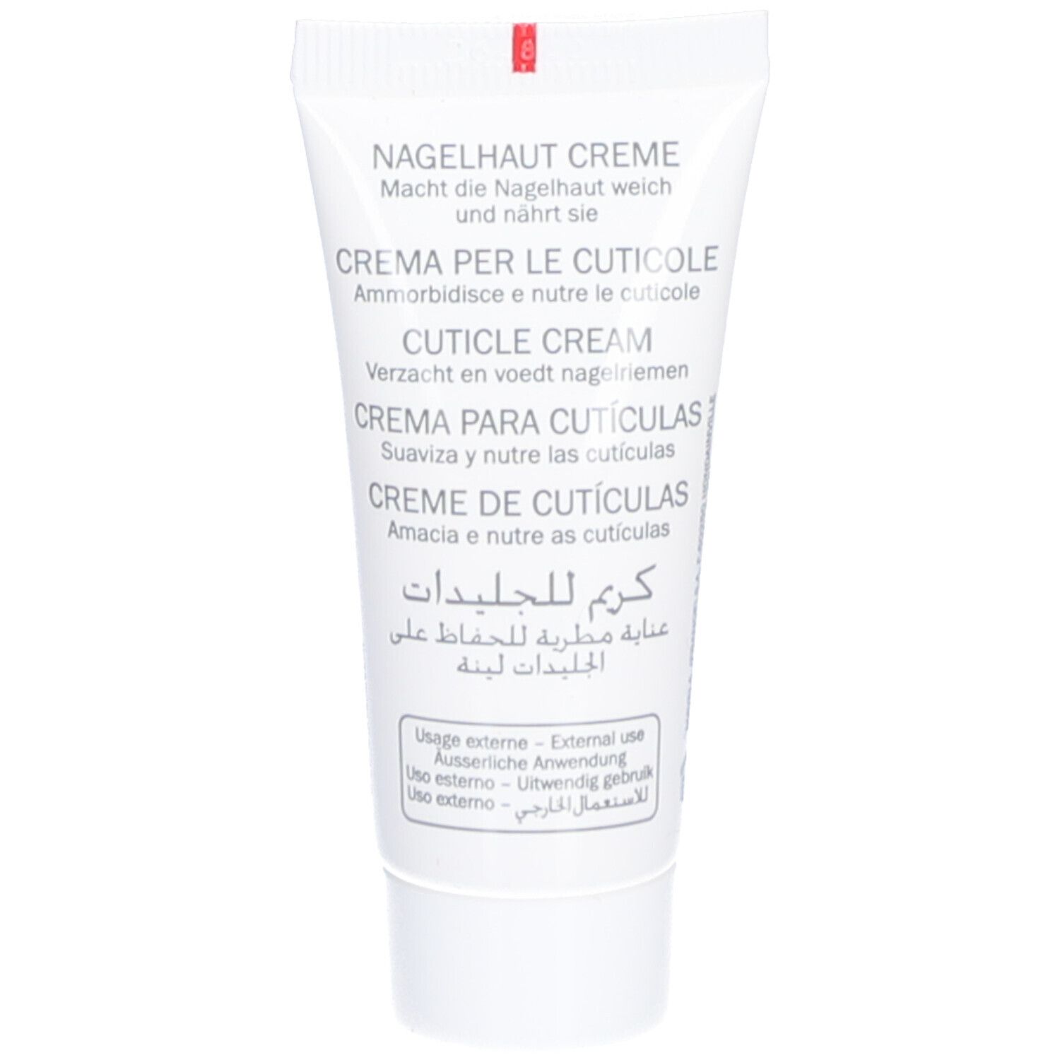 Weiße Tube mit Text in mehreren Sprachen. Enthält Nagelhautcreme. Text: Nagelhaut Creme, Cuticle Cream, Crema per le cuticole.