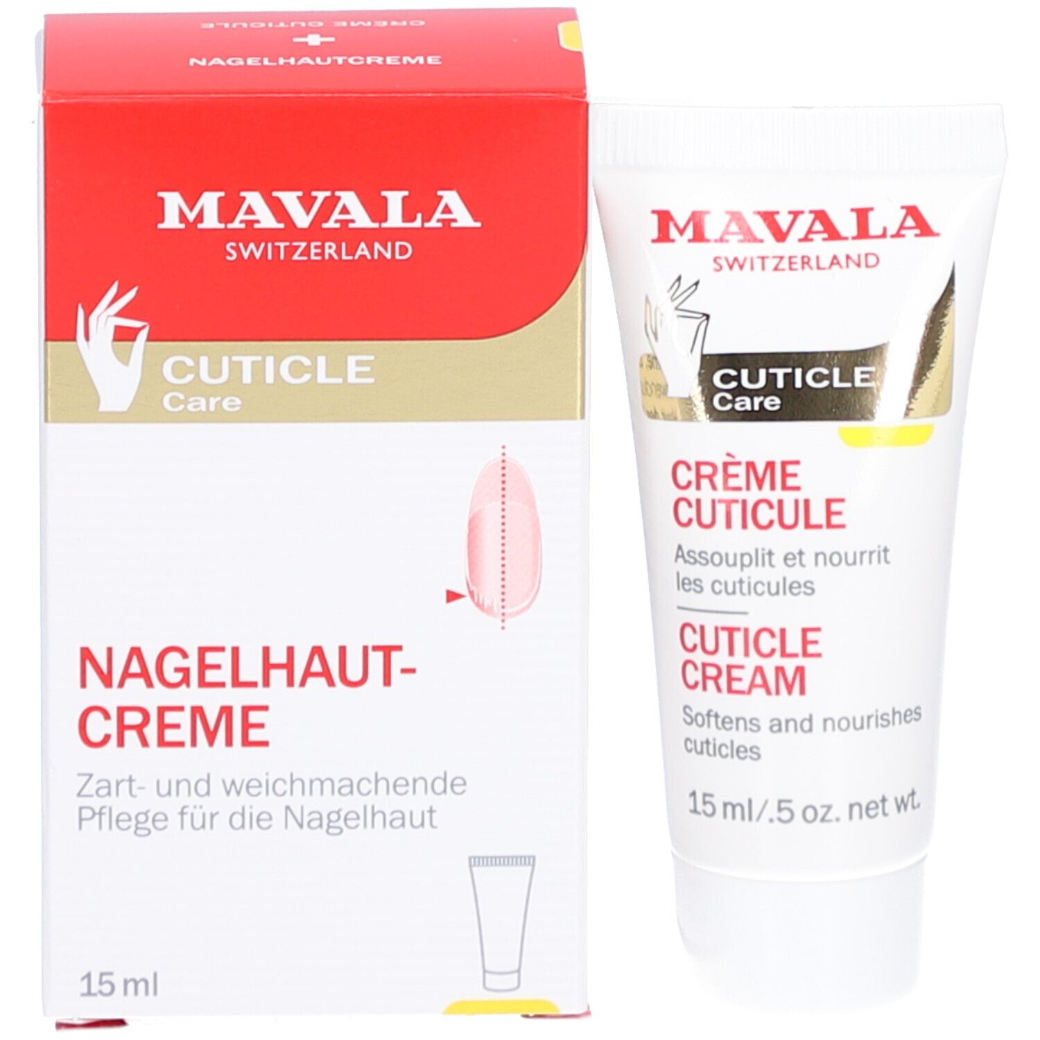 Produktverpackung mit Tube. Roter Karton mit weißer Tube. Text: MAVALA, Nagelhaut-Creme, CUTICLE Care, 15 ml.
