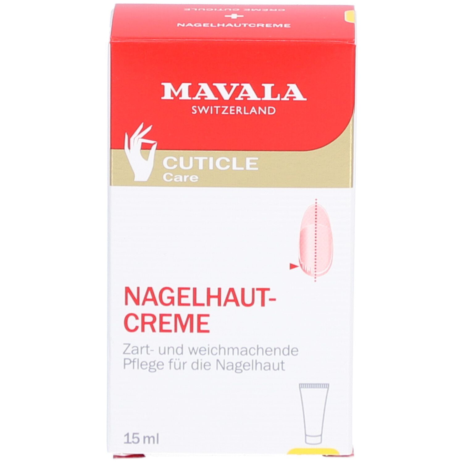 Roter Karton mit weißer Tube. Text: MAVALA, Nagelhaut-Creme, CUTICLE Care, 15 ml. Abbildung einer Nagelkontur.