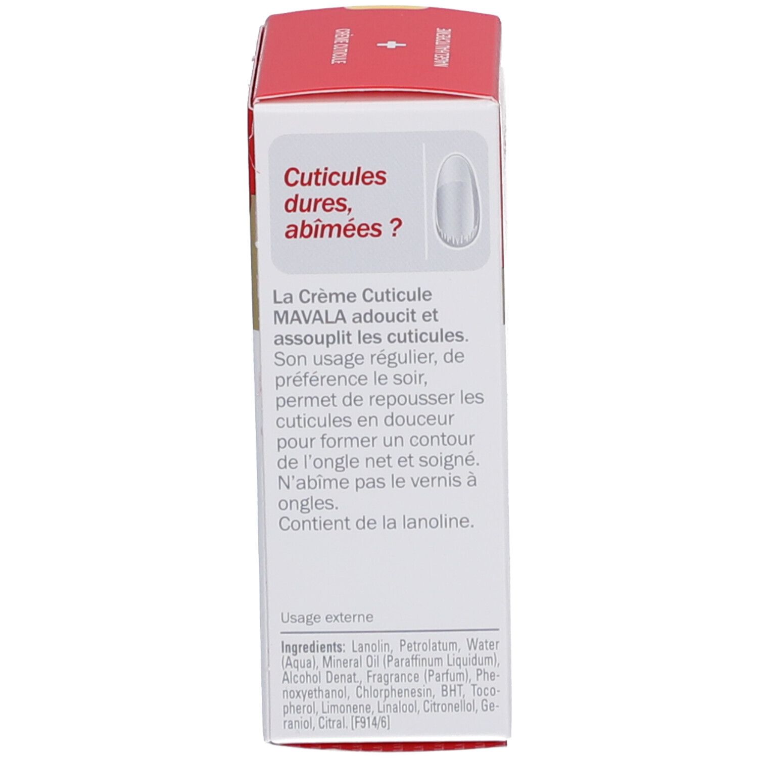 Rückseite der Produktverpackung. Text: Crème Cuticule MAVALA, Inhaltsstoffe, Gebrauchsanweisung.