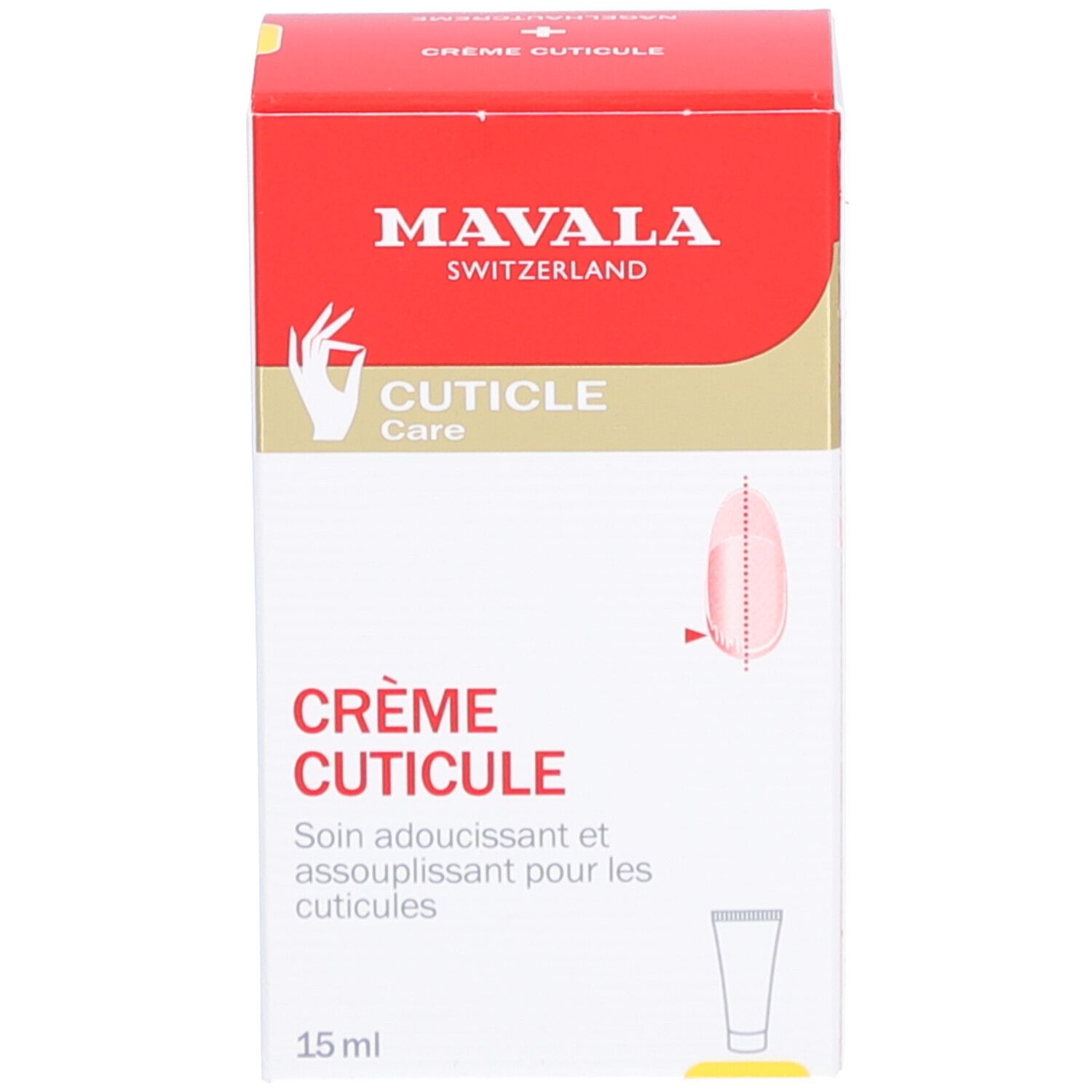 Produktverpackung. Roter Karton mit weißer Tube. Text: MAVALA, Crème Cuticule, CUTICLE Care, 15 ml.