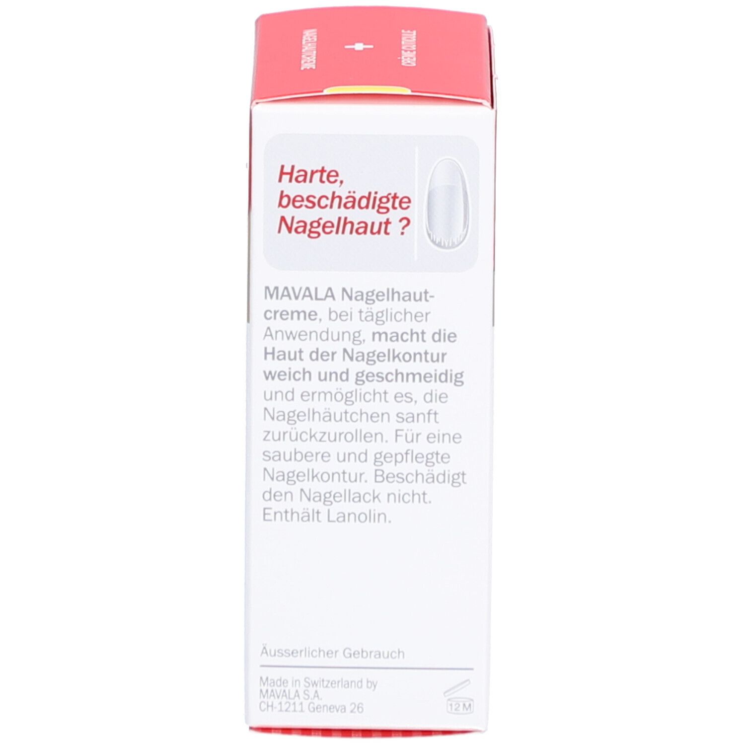 Rückseite der Produktverpackung. Text: MAVALA Nagelhautcreme, Gebrauchsanweisung.