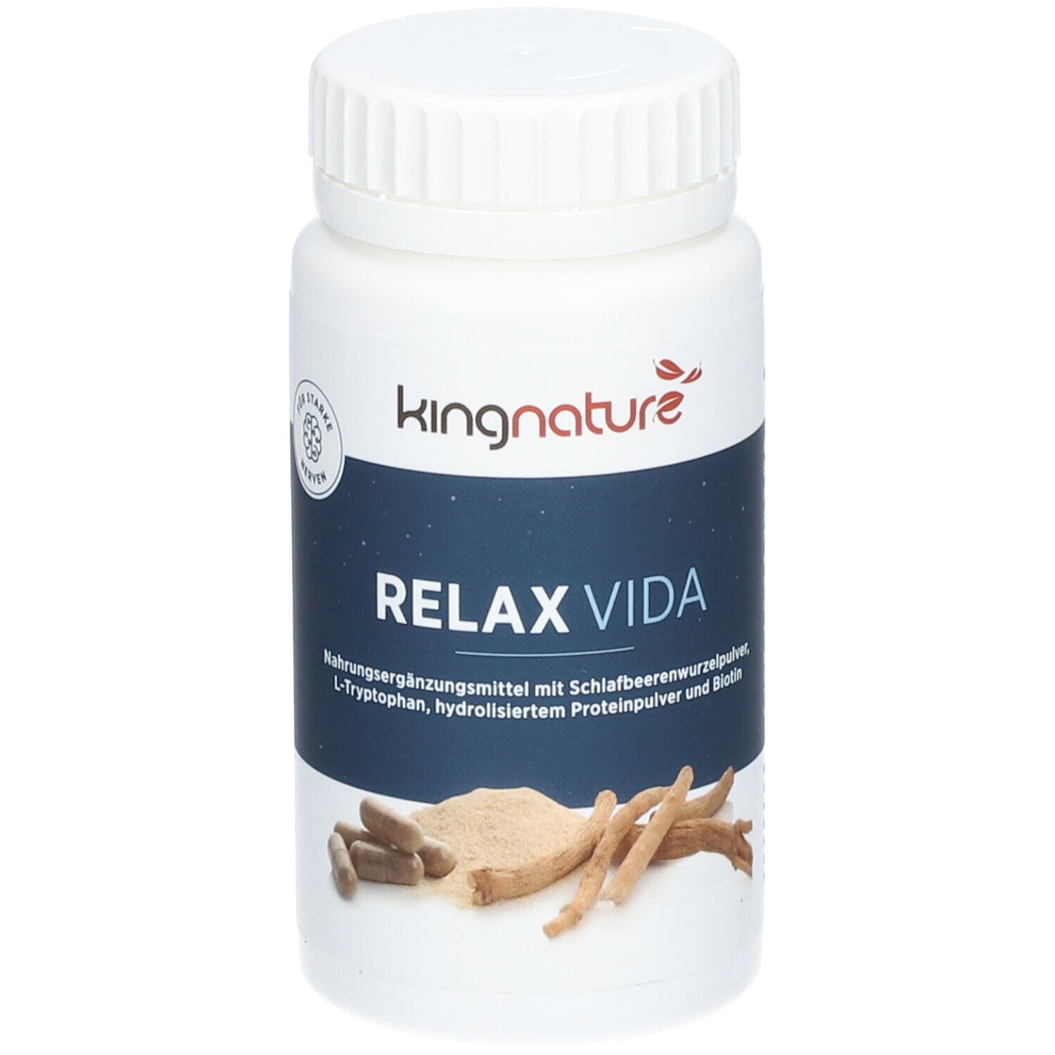 Weißes Pillenbehälter mit Deckel. Aufschrift: kingnature, RELAX VIDA. Abbildung von Inhaltsstoffen.