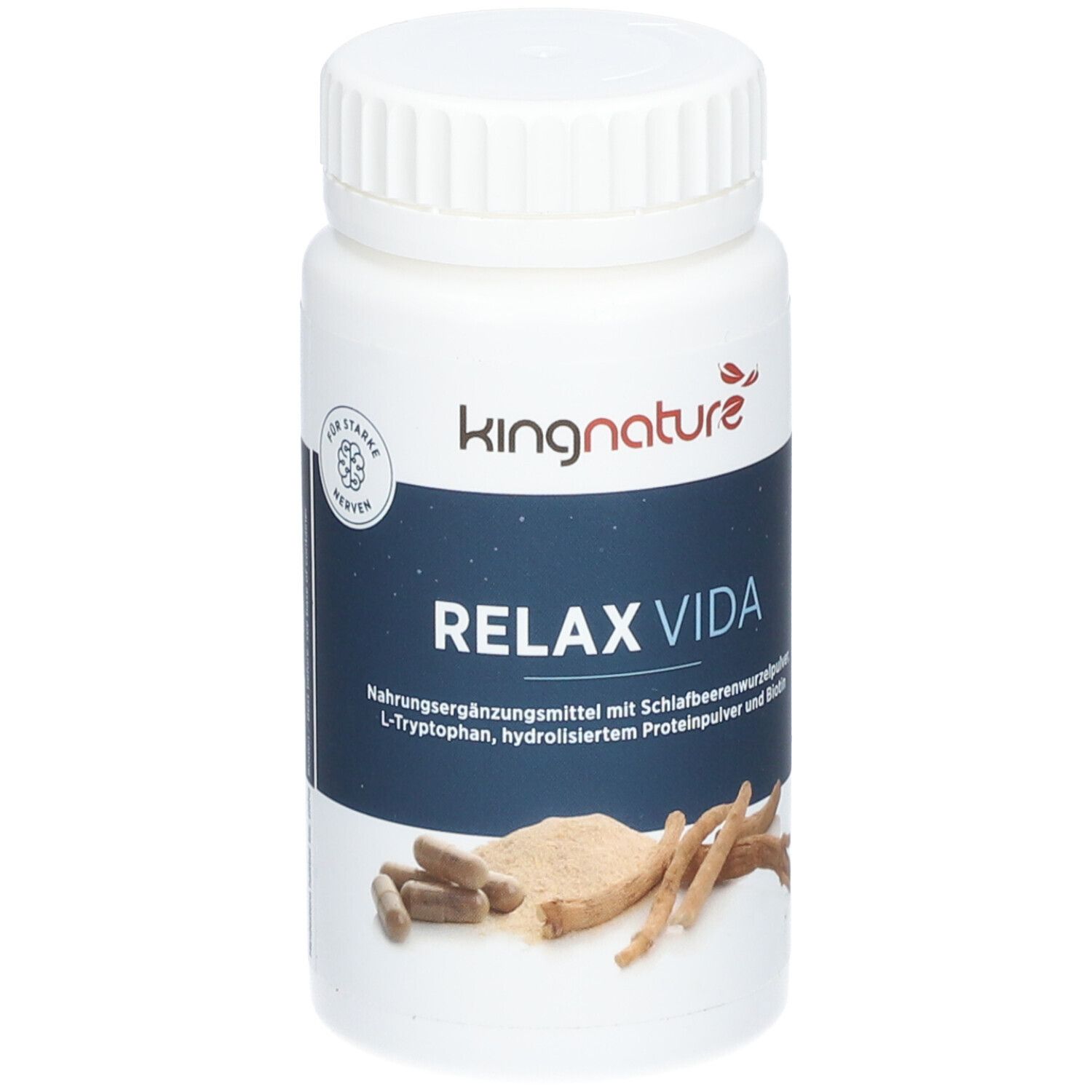 Weißes Pillenbehälter mit Deckel. Aufschrift: kingnature, RELAX VIDA. Abbildung von Inhaltsstoffen.