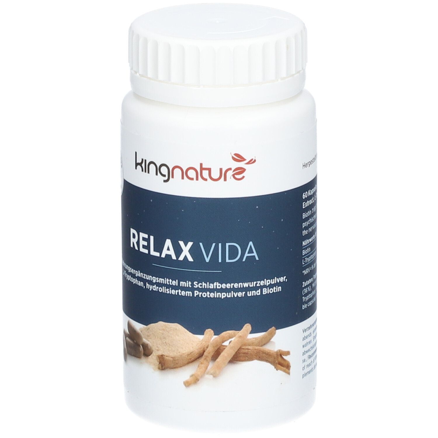 Weißes Pillenbehälter mit Deckel. Aufschrift: RELAX VIDA. 60 Kapseln. Abbildung von Inhaltsstoffen.