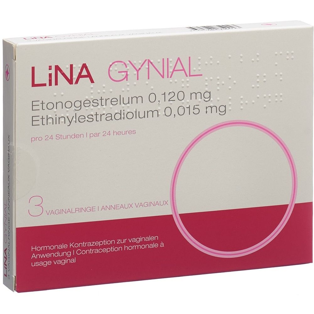 Verpackung mit drei Vaginalringen. Aufschrift: LINA GYNIAL, Wirkstoffe, Gebrauchsanweisung. Rosa Ring abgebildet.