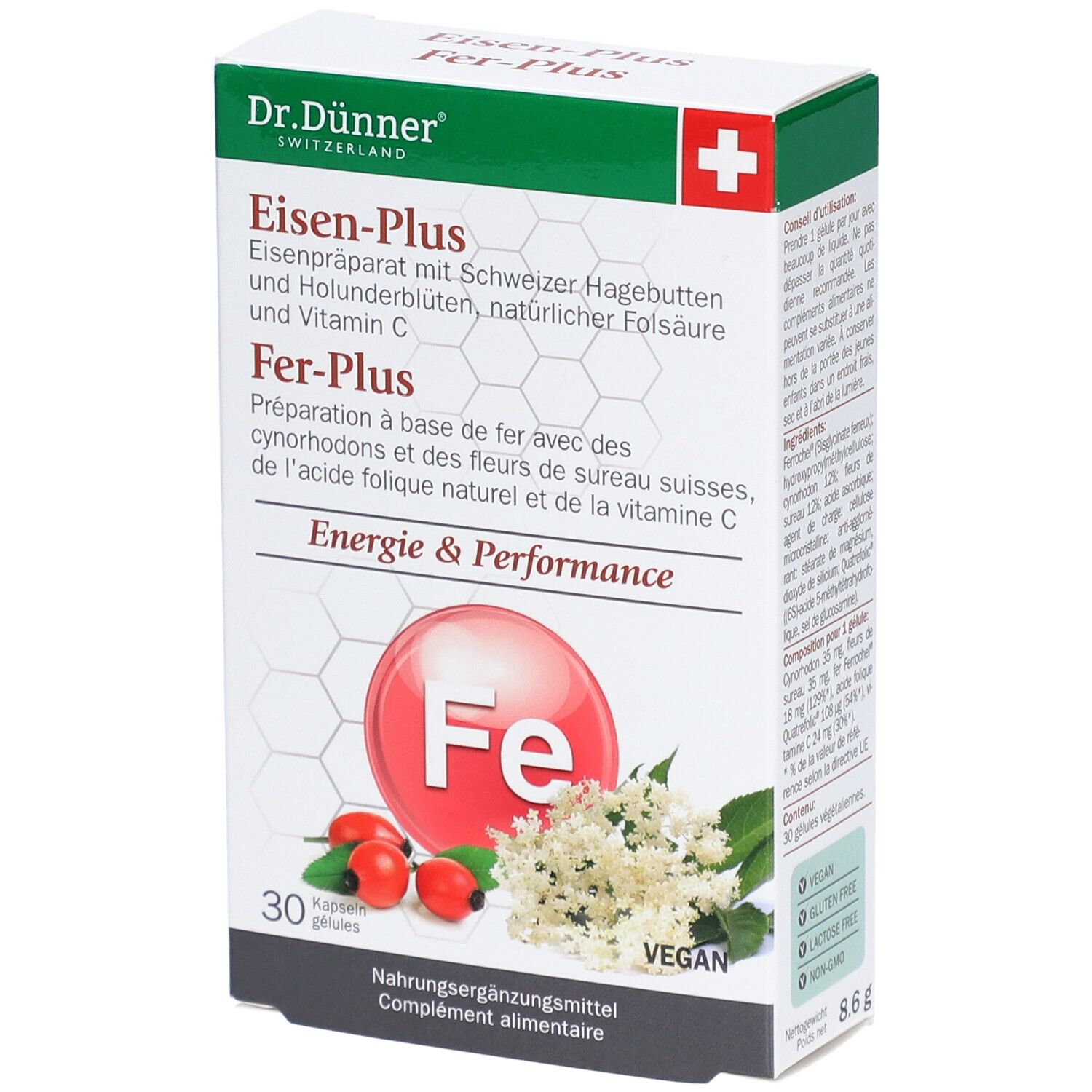 Boîte de gélules "Eisen-Plus". Logo rouge "Fe". 30 gélules. Vegan. Croix suisse.