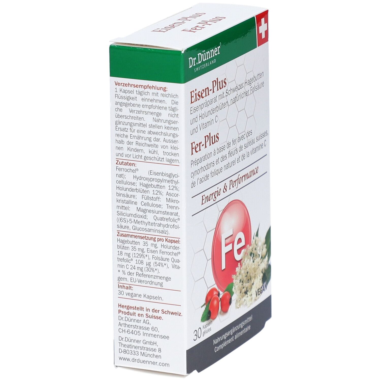 Boîte "Eisen-Plus" avec texte et ingrédients. 30 gélules. Vegan. Croix suisse.