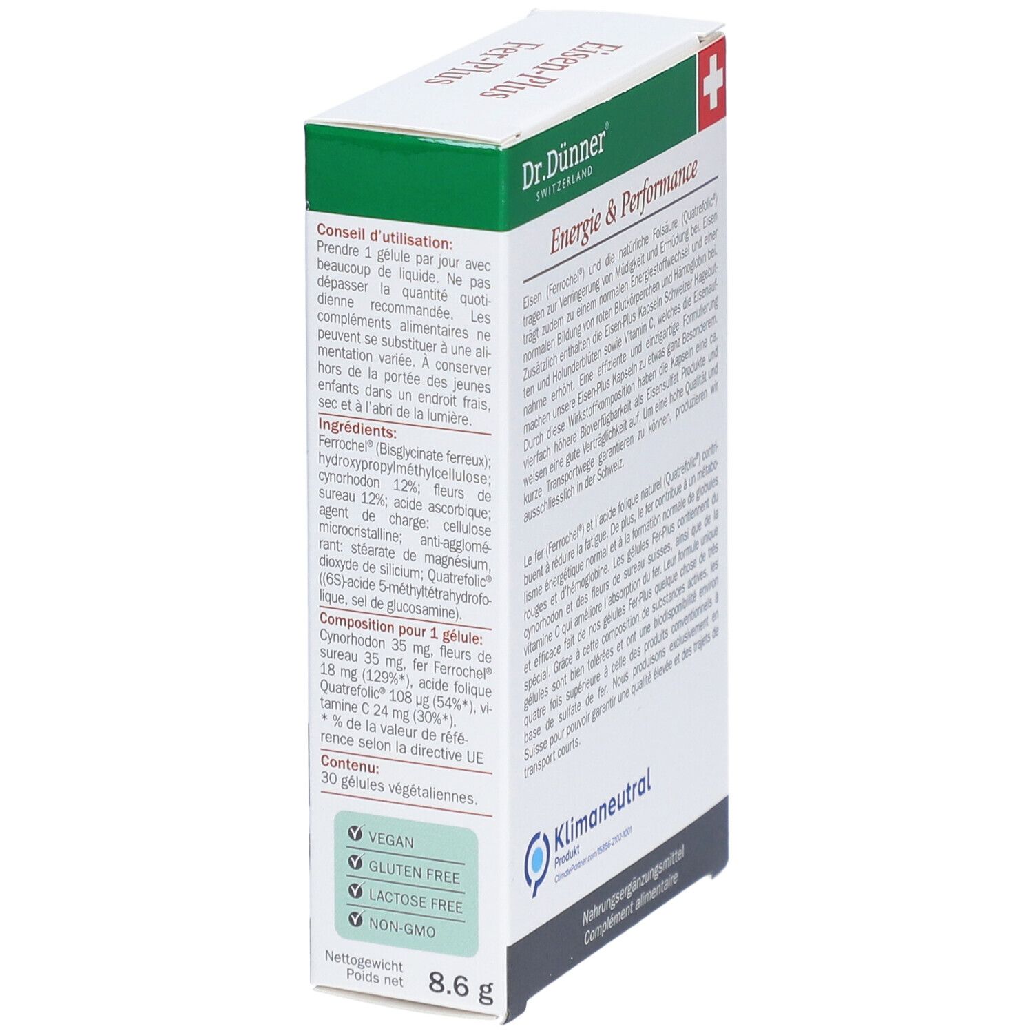 Côté de l'emballage "Eisen-Plus" avec texte. 30 gélules végétales. Sans gluten, sans lactose.