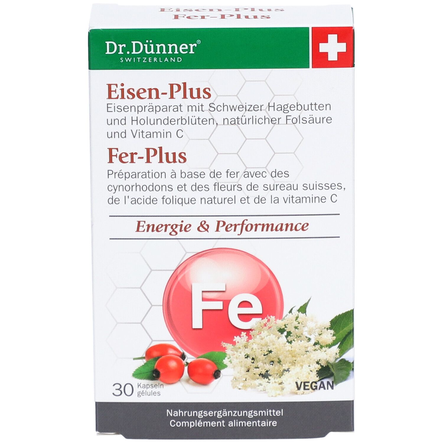 Boîte "Eisen-Plus" avec logo rouge "Fe". 30 gélules. Vegan. Croix suisse.