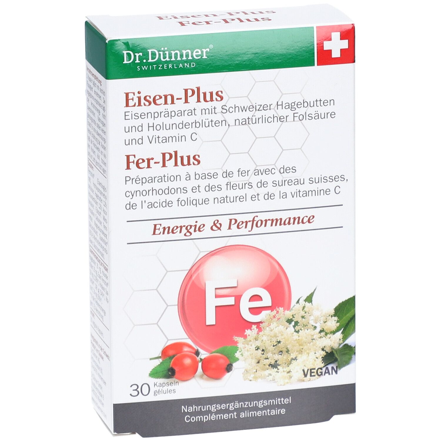 Boîte "Eisen-Plus" avec logo rouge "Fe". 30 gélules. Vegan. Croix suisse.