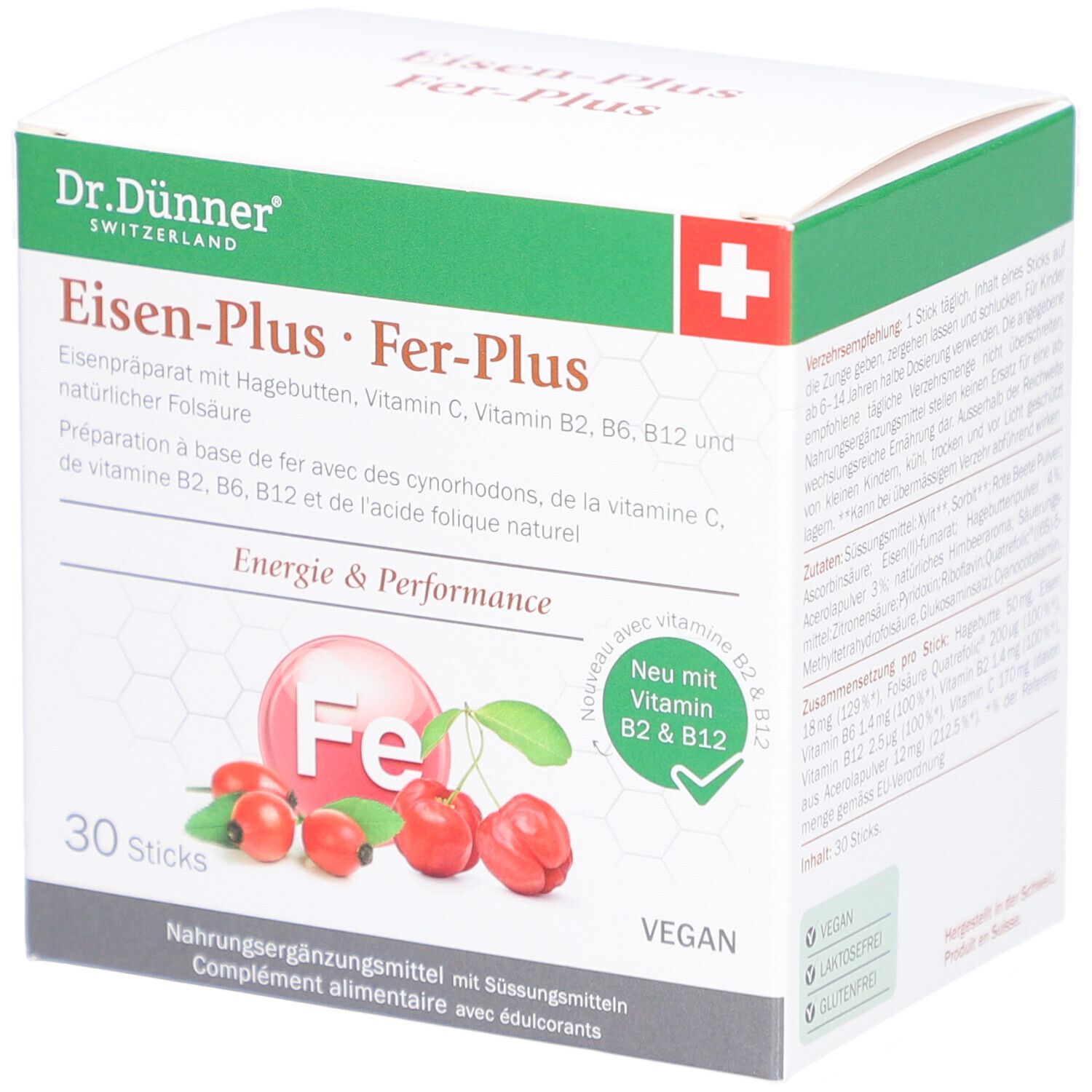 Karton von Dr. Dünner Eisen-Plus Fer-Plus Sticks. Enthält 30 Sticks. Mit Vitamin B2, B6, B12 und Folsäure. Vegan.