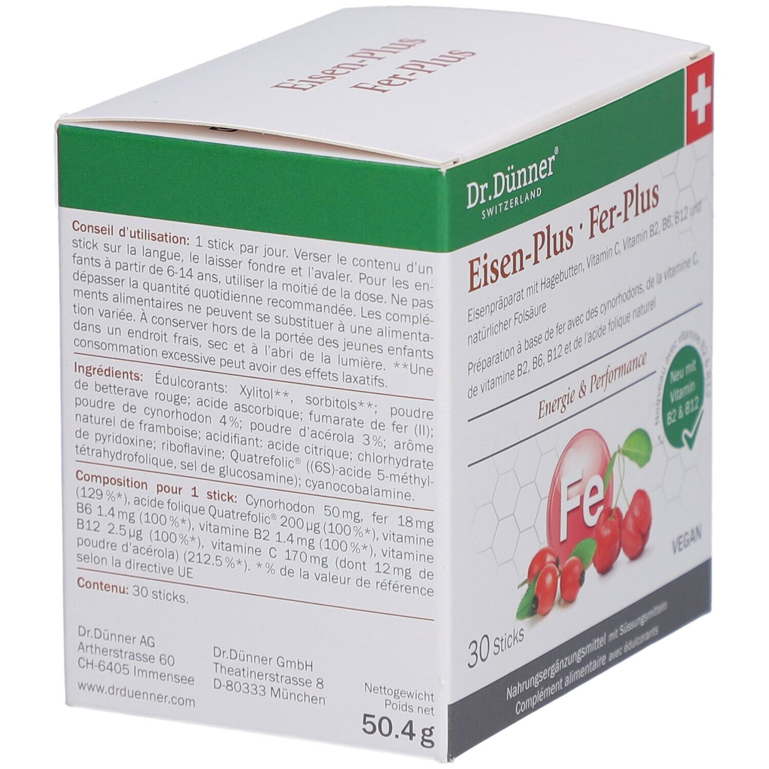 Rückseite der Dr. Dünner Eisen-Plus Fer-Plus Sticks Verpackung. Enthält Informationen zu Inhaltsstoffen und Anwendung. 30 Sticks.