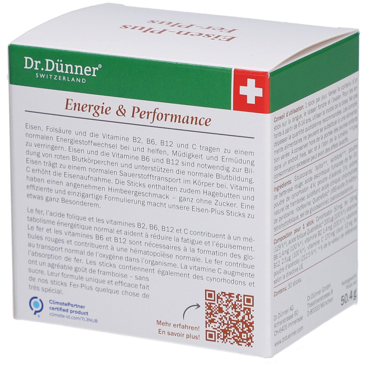 Rückseite der Dr. Dünner Eisen-Plus Fer-Plus Sticks Verpackung. Text über Energie & Performance. QR-Code und Zertifizierung.