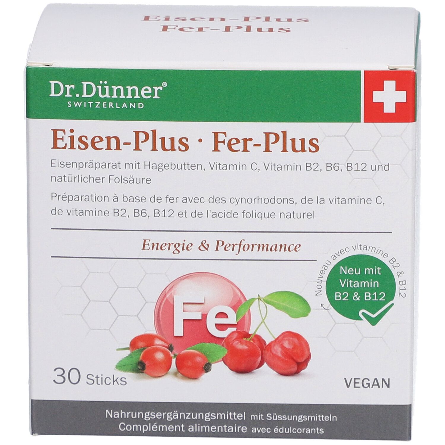 Karton von Dr. Dünner Eisen-Plus Fer-Plus Sticks. 30 Sticks. Mit Vitamin B2, B6, B12 und Folsäure. Vegan.