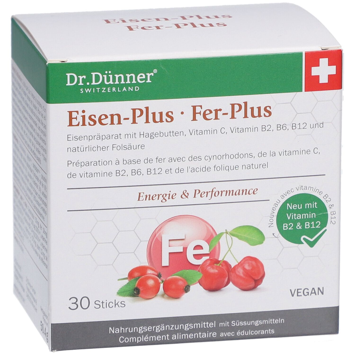 Karton von Dr. Dünner Eisen-Plus Fer-Plus Sticks. 30 Sticks. Mit Vitamin B2, B6, B12 und Folsäure. Vegan.