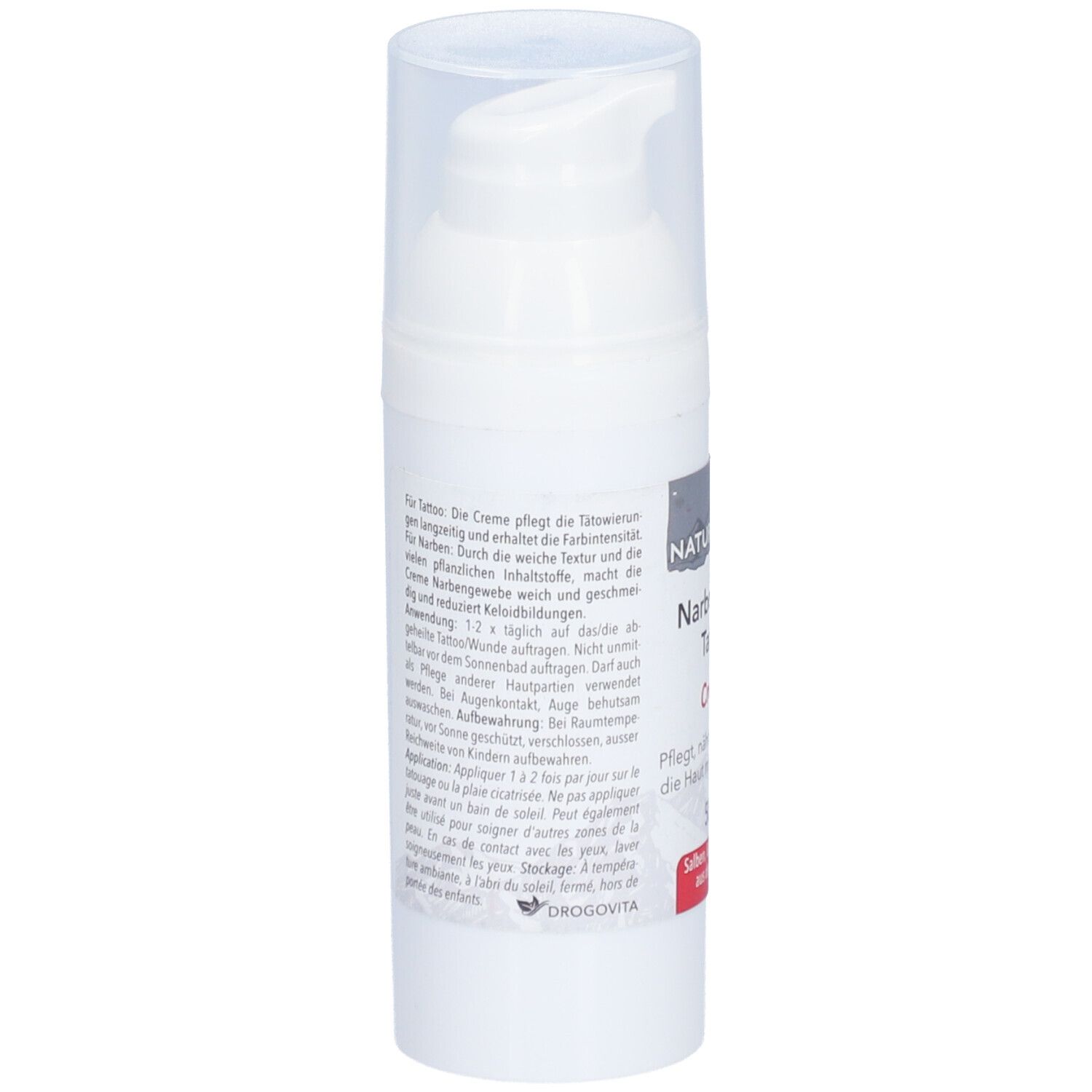 Weiße Creme-Flasche mit Pumpverschluss. Text auf Deutsch. Beschriftung: Naturstein Narben- und Tattoo Creme.