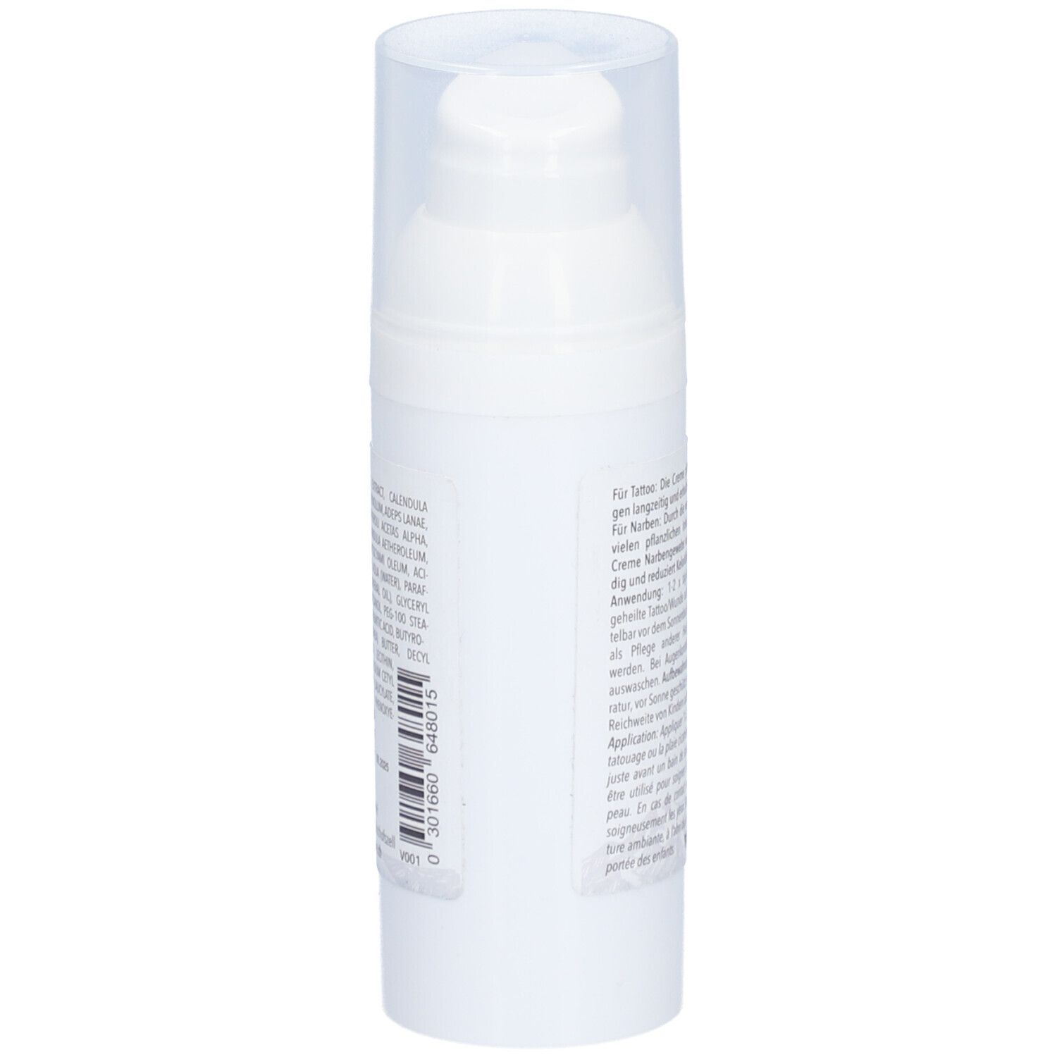 Weiße Creme-Flasche mit Pumpverschluss. Text auf Deutsch. Beschriftung: Naturstein Narben- und Tattoo Creme.