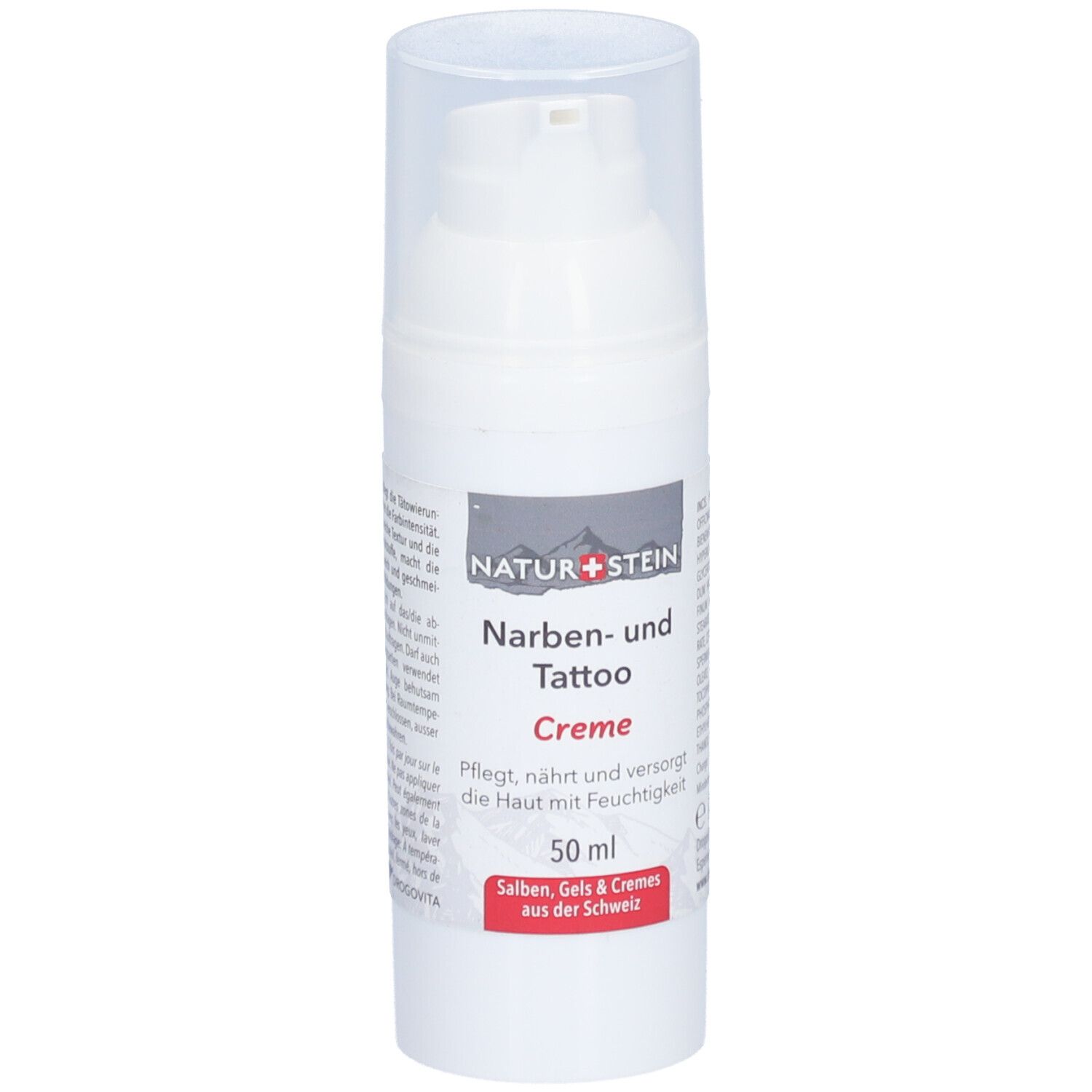 Weiße Creme-Flasche mit Pumpverschluss. Beschriftung: Naturstein Narben- und Tattoo Creme, 50 ml.