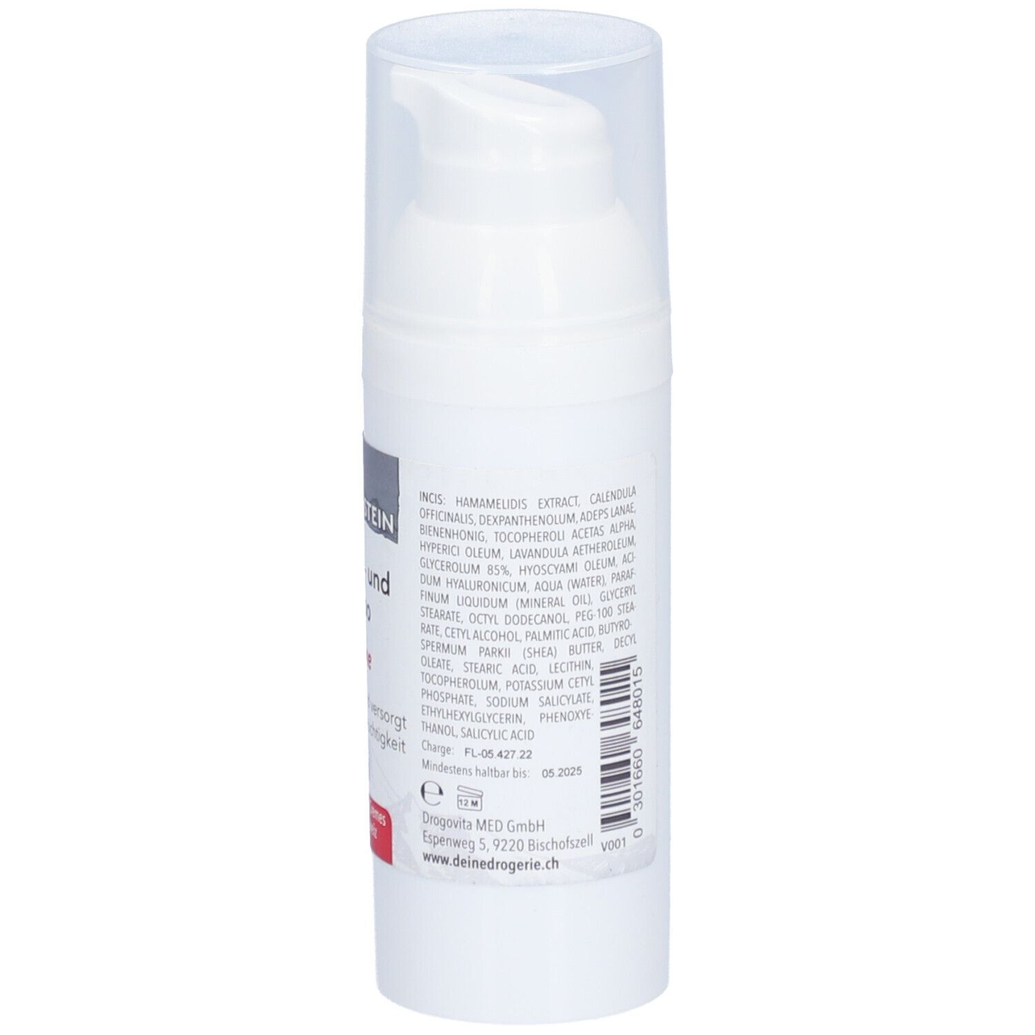 Weiße Creme-Flasche mit Pumpverschluss. Text auf Deutsch. Beschriftung: Naturstein Narben- und Tattoo Creme.