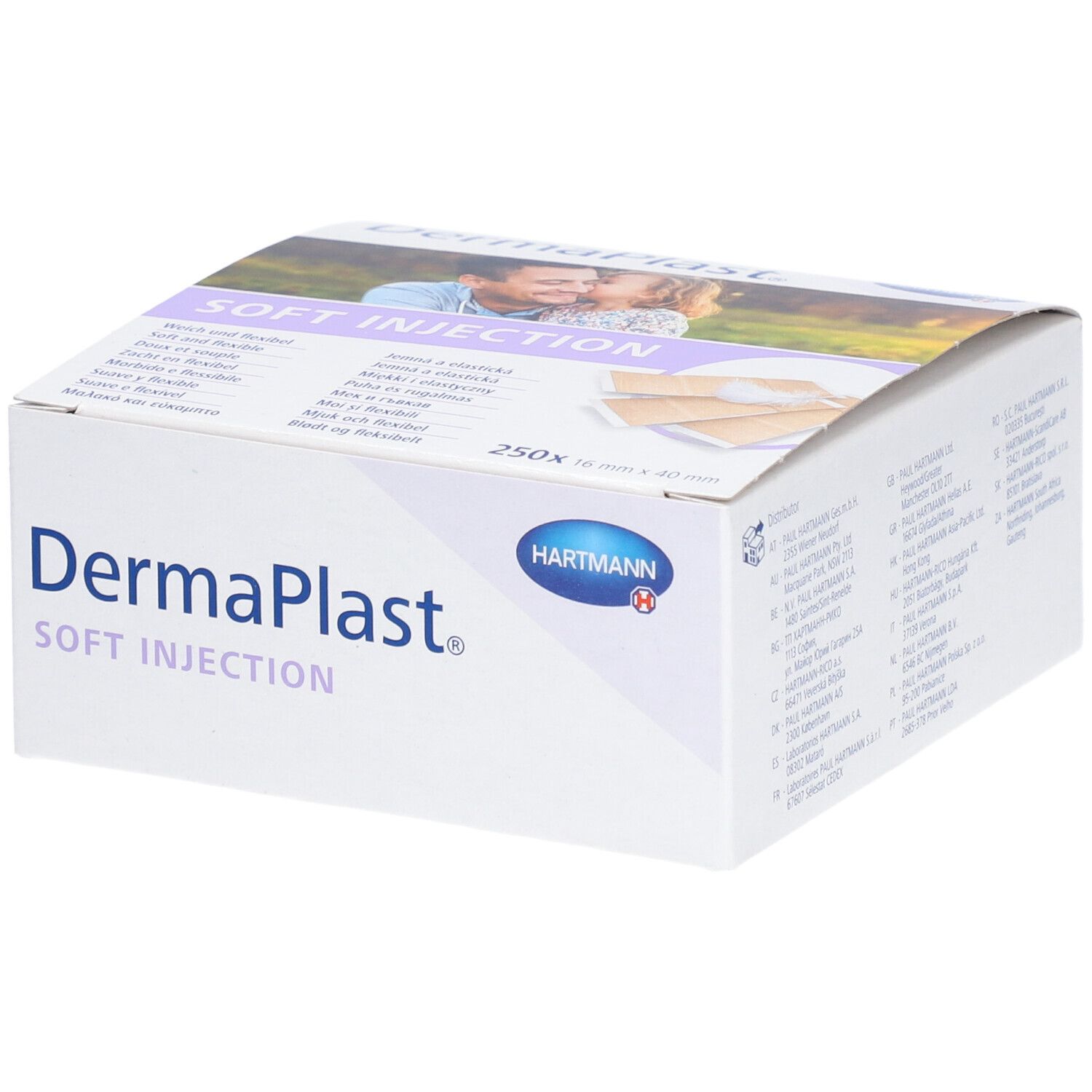 Dermaplast Soft Injection Box. Hartmann Logo. 250 Pflaster 16 x 40 mm. Beige. Aufschrift: Soft Injection.