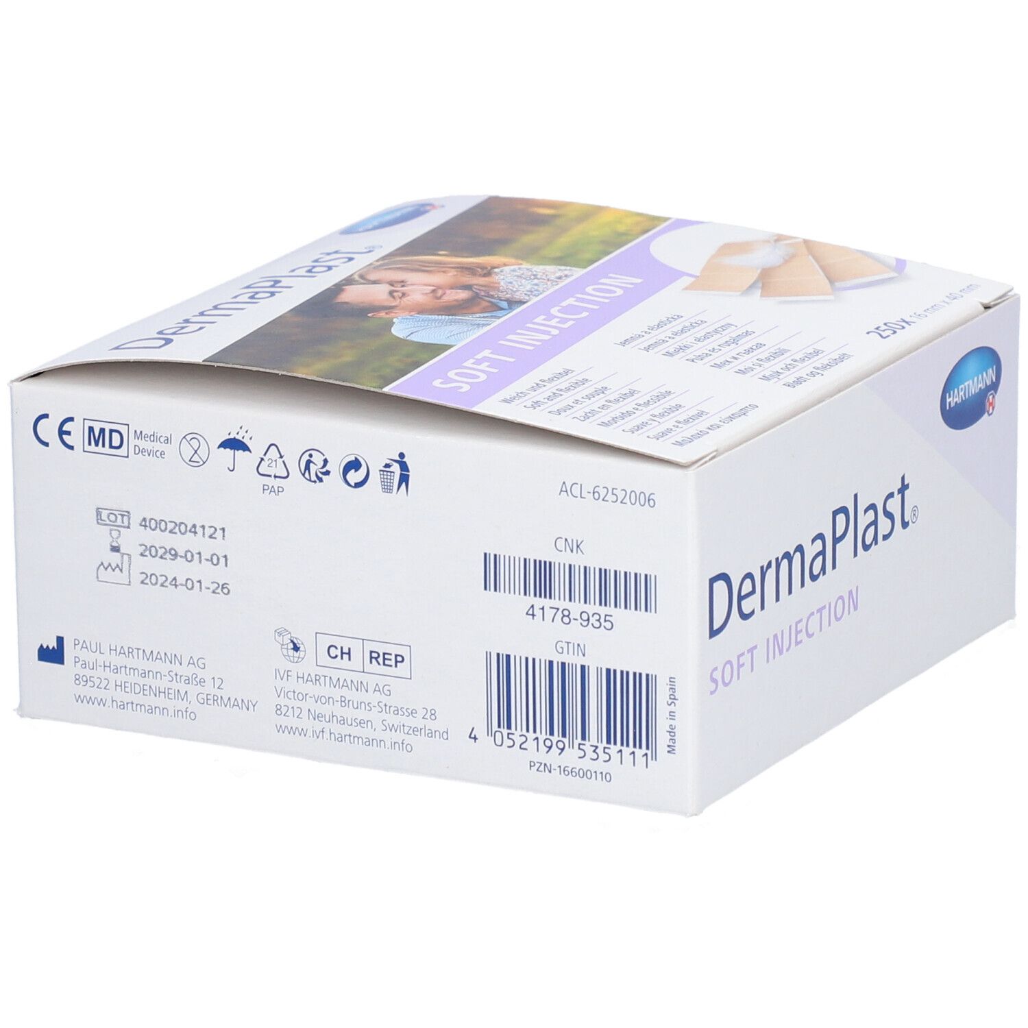 Dermaplast Soft Injection Box. Hartmann Logo. 250 Pflaster 16 x 40 mm. Beige. Aufschrift: Soft Injection. Medizinprodukt.