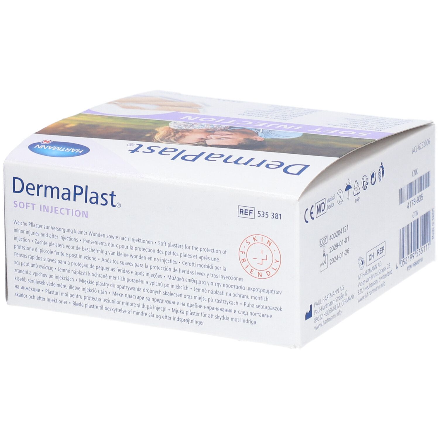 Dermaplast Soft Injection Box. Hartmann Logo. 250 Pflaster 16 x 40 mm. Beige. Aufschrift: Soft Injection. Skin Friendly.