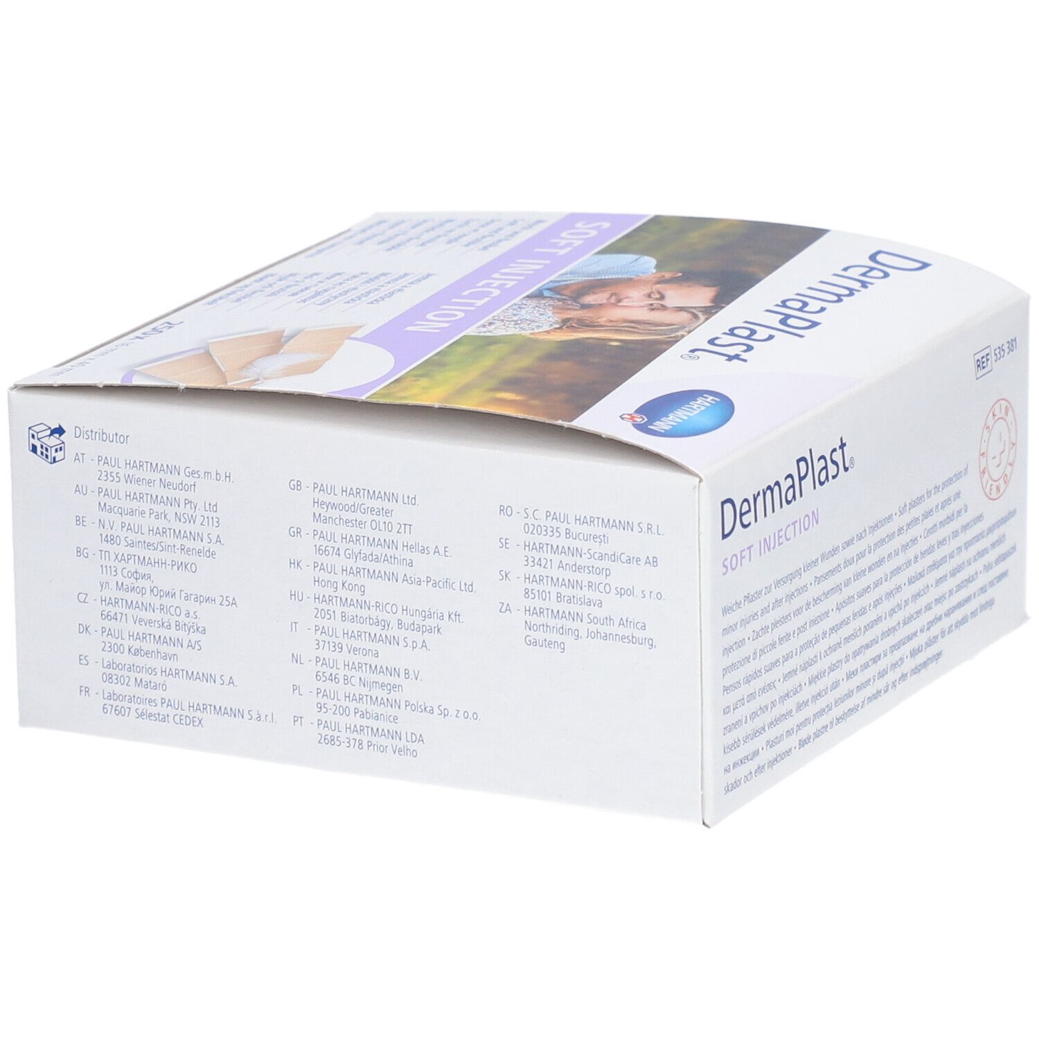 Dermaplast Soft Injection Box. Hartmann Logo. 250 Pflaster 16 x 40 mm. Beige. Aufschrift: Soft Injection. Mehrere Adressen.
