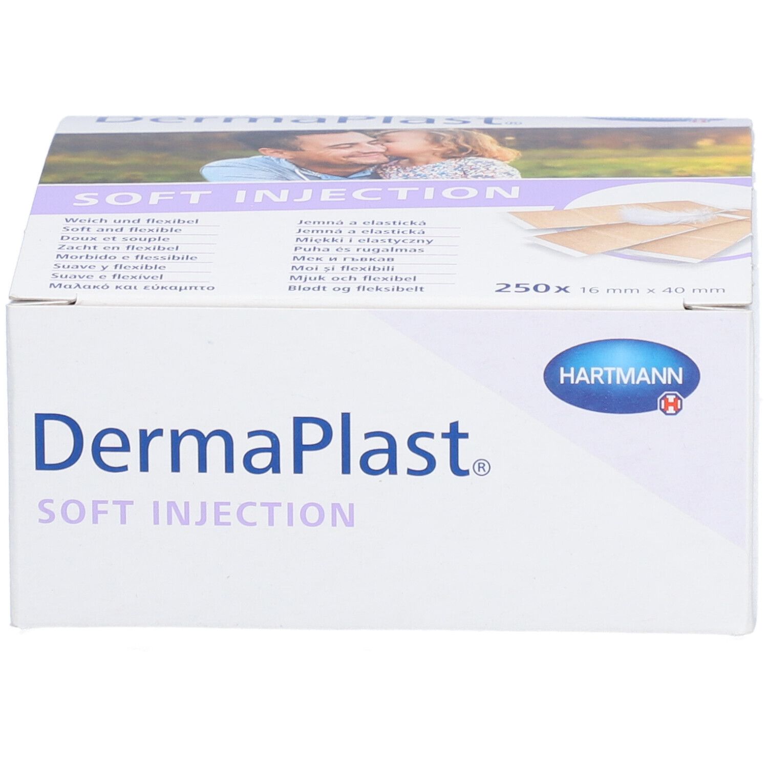 Dermaplast Soft Injection Box. Hartmann Logo. 250 Pflaster 16 x 40 mm. Beige. Aufschrift: Soft Injection. Weich und flexibel.