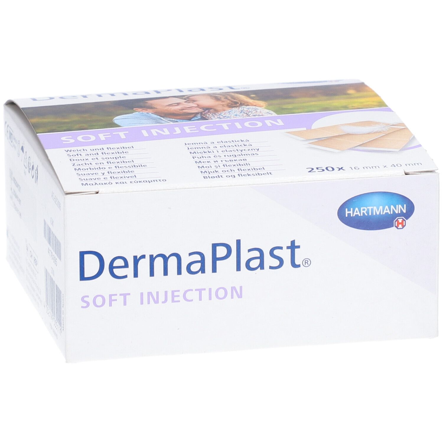 Dermaplast Soft Injection Box. Hartmann Logo. 250 Pflaster 16 x 40 mm. Beige. Aufschrift: Soft Injection. Weich und flexibel.