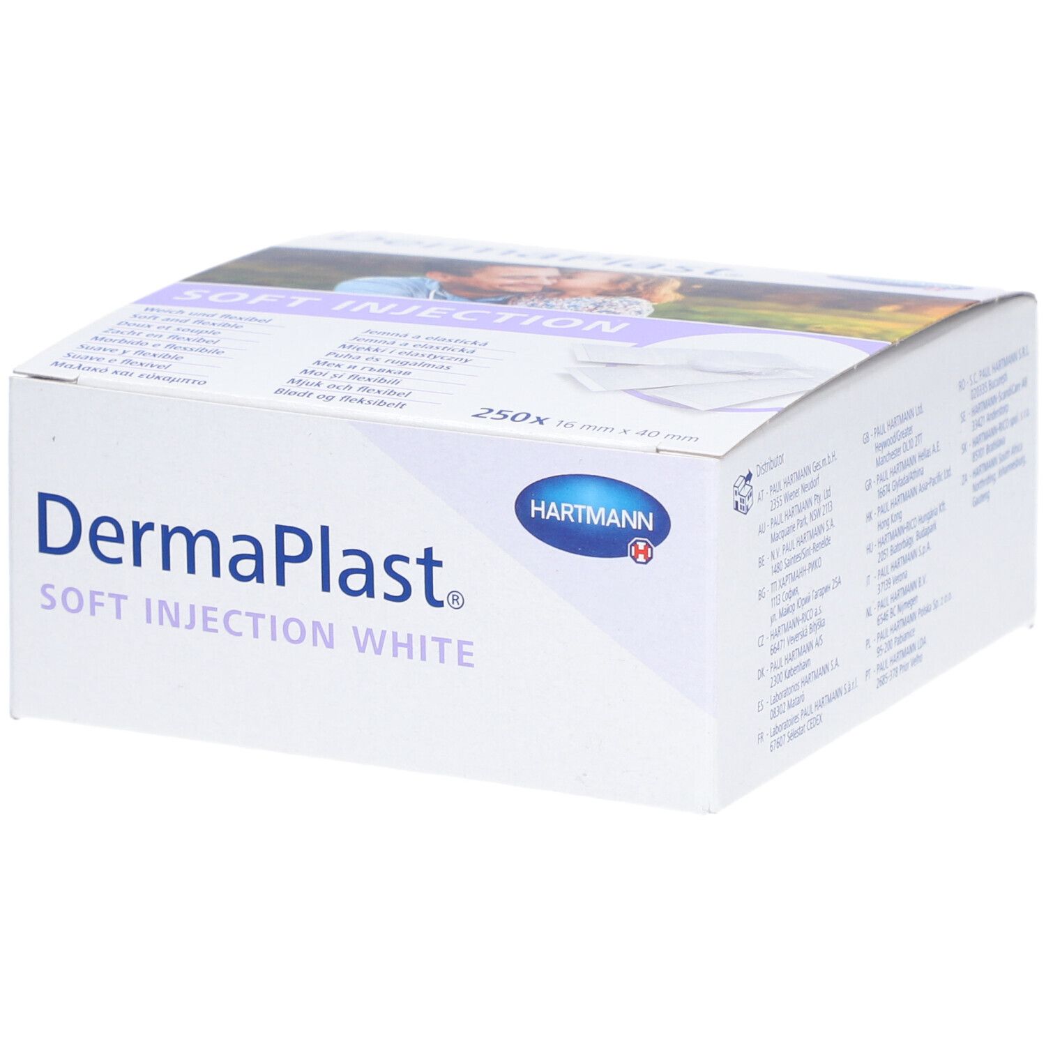 Weißer Karton mit "Dermaplast Soft Injection White"-Aufdruck und Hartmann-Logo. Enthält 250 Pflaster, 16 x 40 mm.