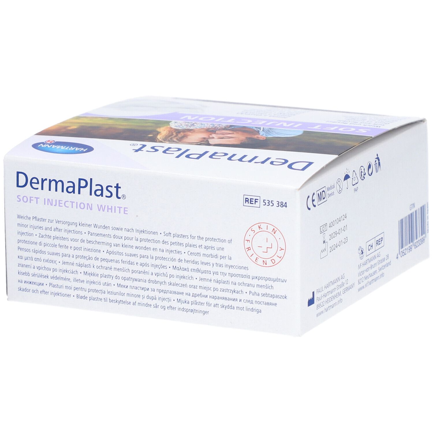 Seite der weißen "Dermaplast"-Box mit Produktinformationen und Skin Friendly-Siegel. REF-Nummer: 535 384.