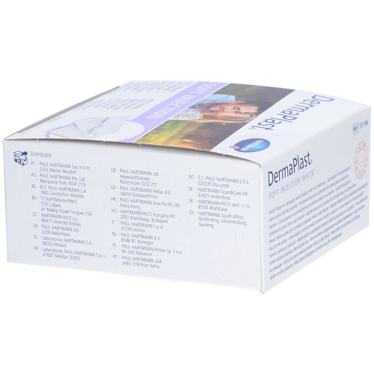 Seite der weißen "Dermaplast"-Box mit Adressen von Distributoren. Enthält auch das Hartmann-Logo.