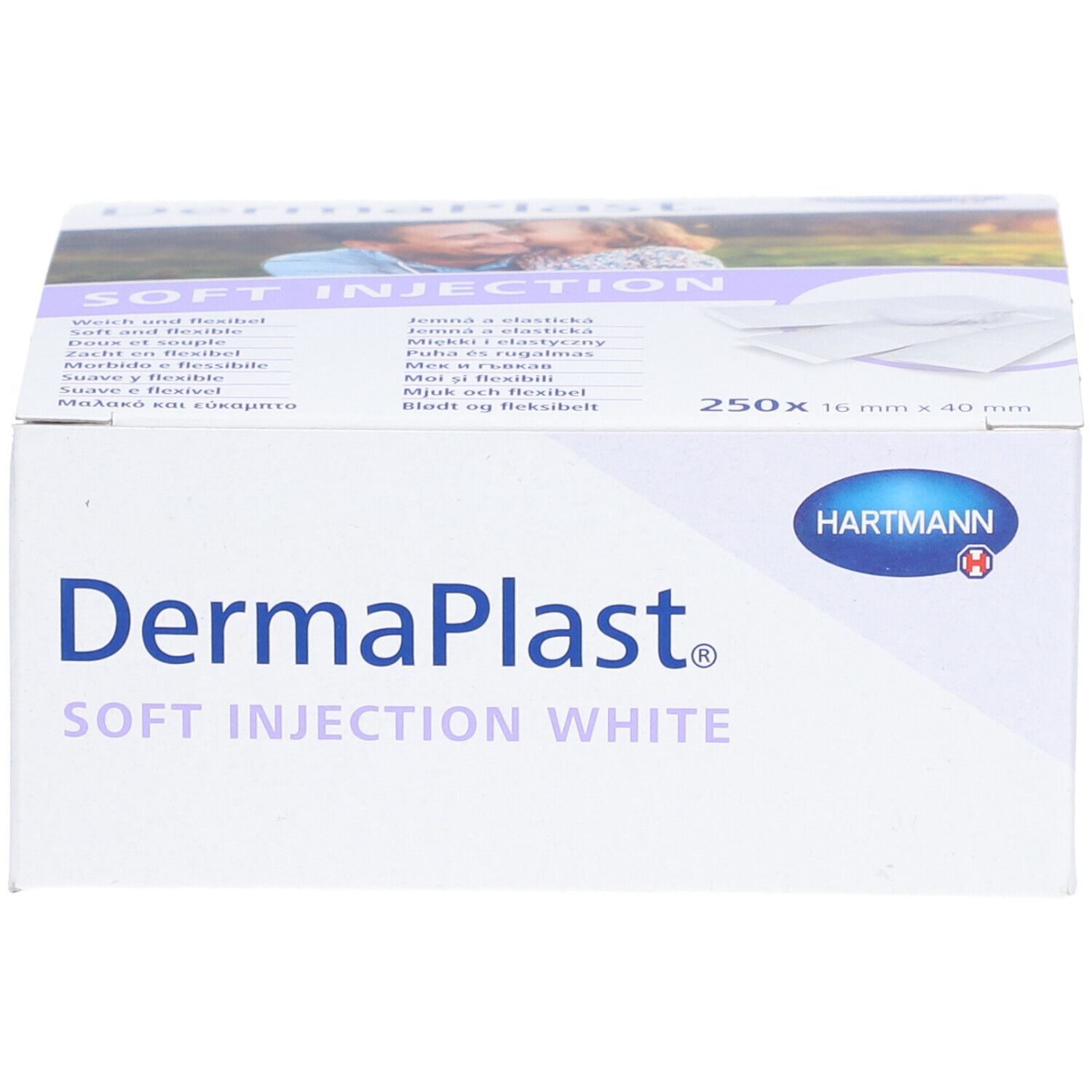Vorderseite der weißen "Dermaplast"-Box. Zeigt Produktname, Logo und Größe: 16 mm x 40 mm. Enthält 250 Stück.