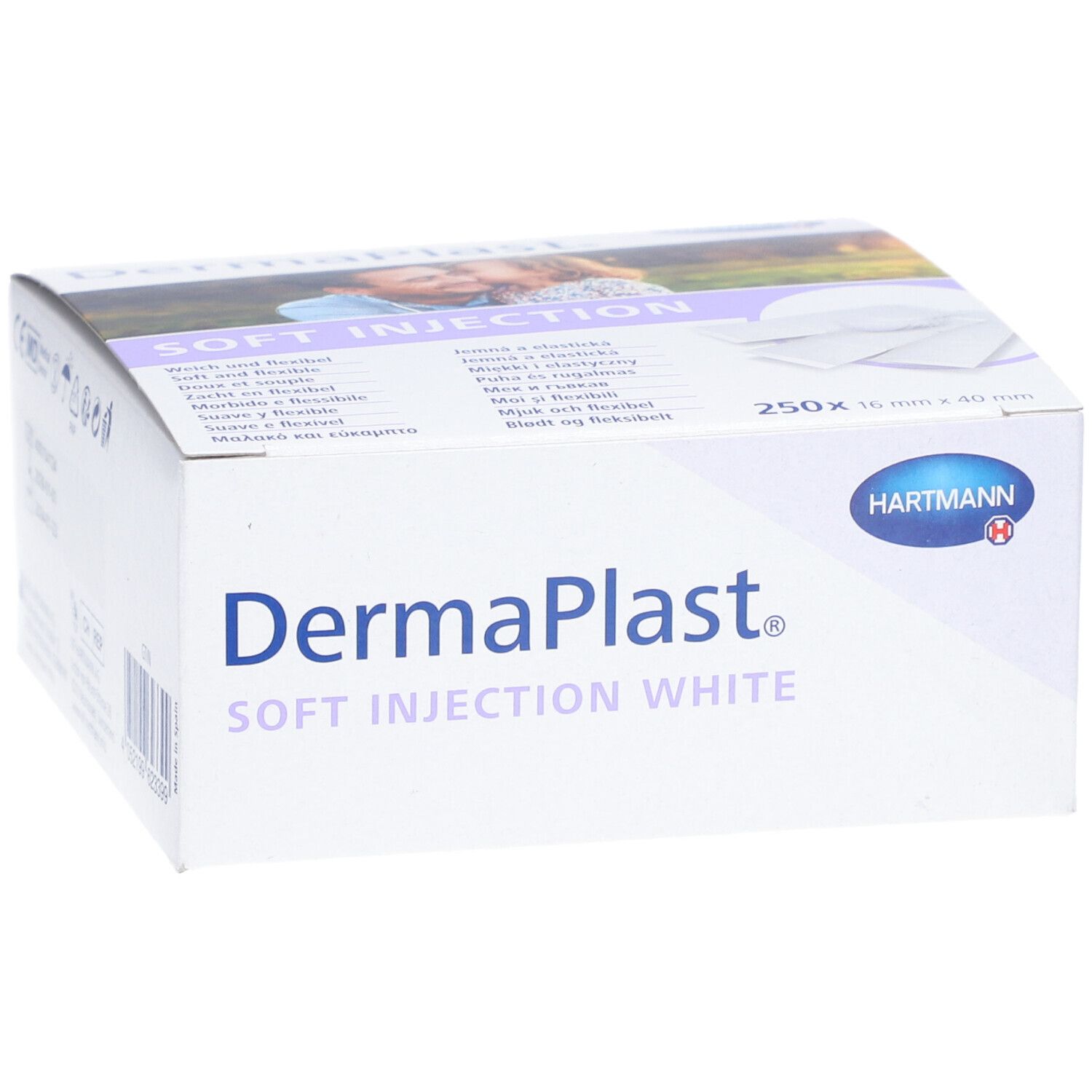 Vorderseite der weißen "Dermaplast"-Box. Zeigt Produktname, Logo und Größe: 16 mm x 40 mm. Enthält 250 Stück.