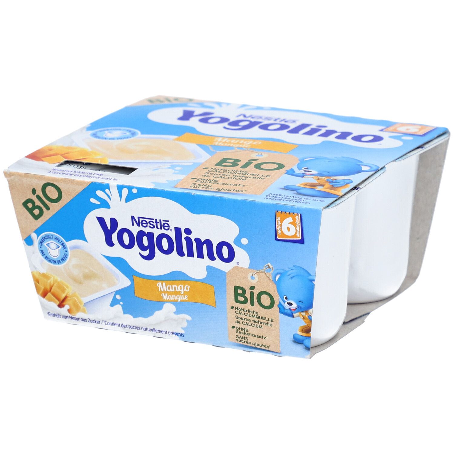Verpackung mit vier Bechern Nestlé Yogolino Bio Mangue. Blaue Verpackung mit Produktlogo und Bio-Siegel. Mangostücke abgebildet.