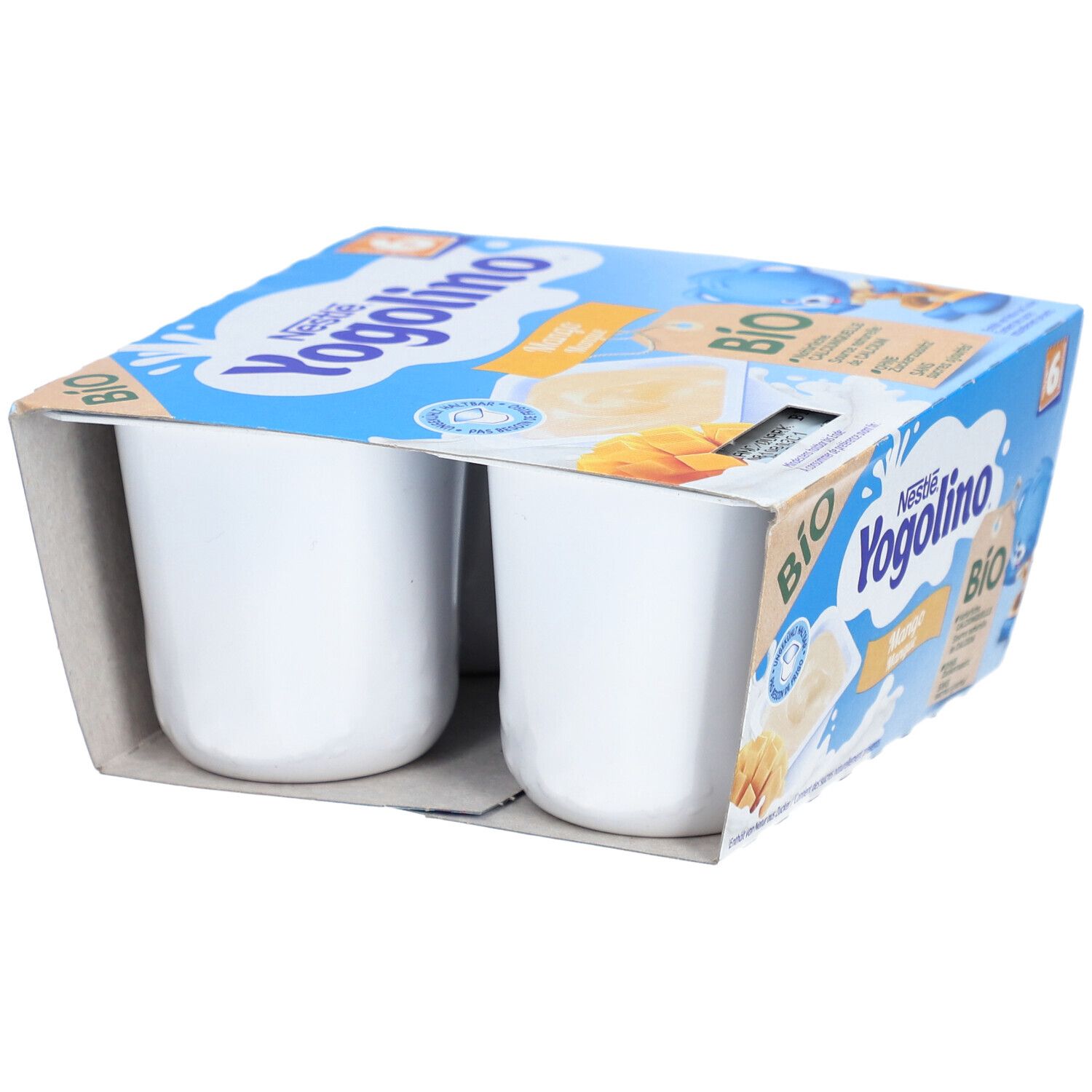 Verpackung mit zwei weißen Bechern Nestlé Yogolino Bio Mangue. Blaue Verpackung mit Produktlogo und Bio-Siegel.