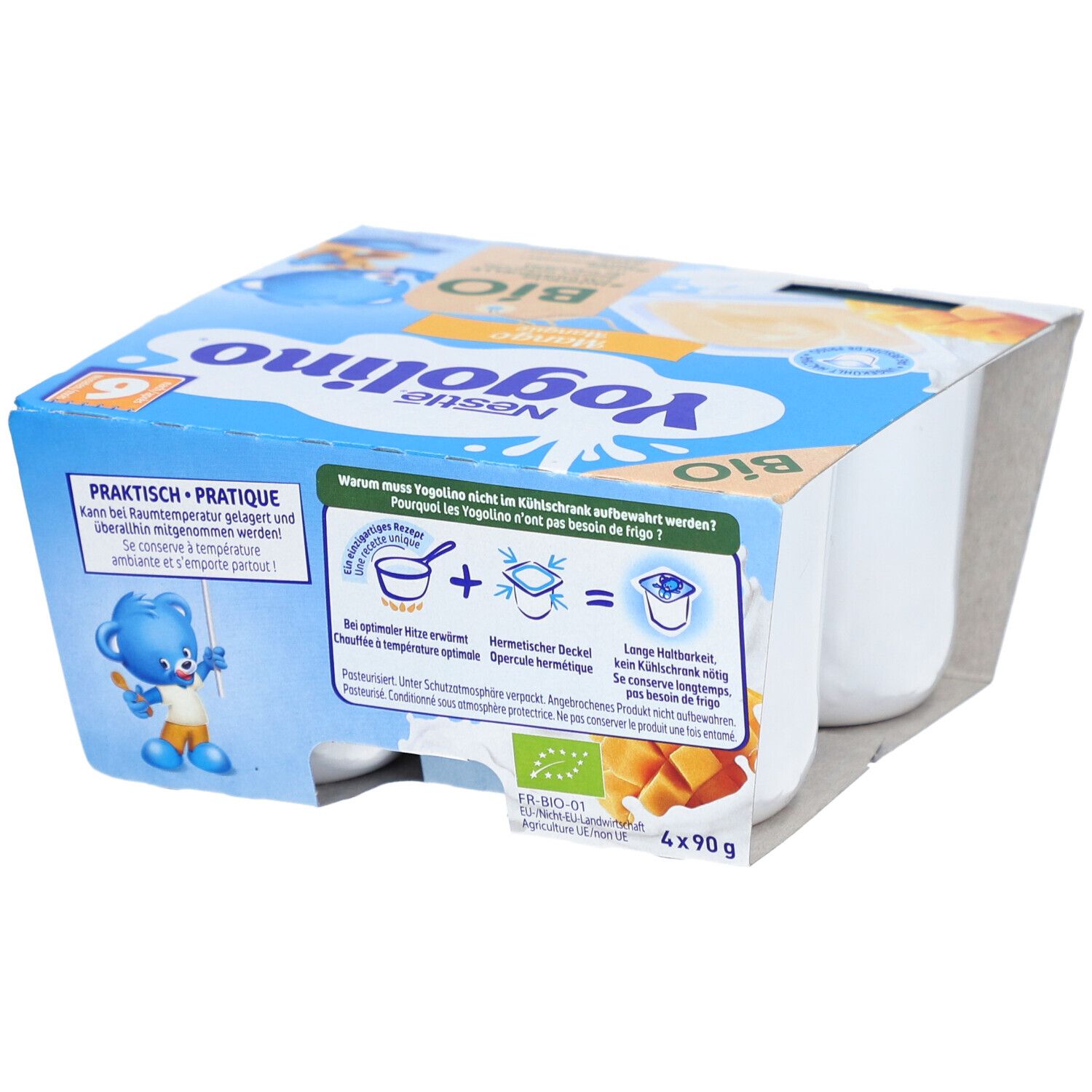 Rückseite der Verpackung mit vier Bechern Nestlé Yogolino Bio Mangue. Enthält Informationen und Bio-Siegel.