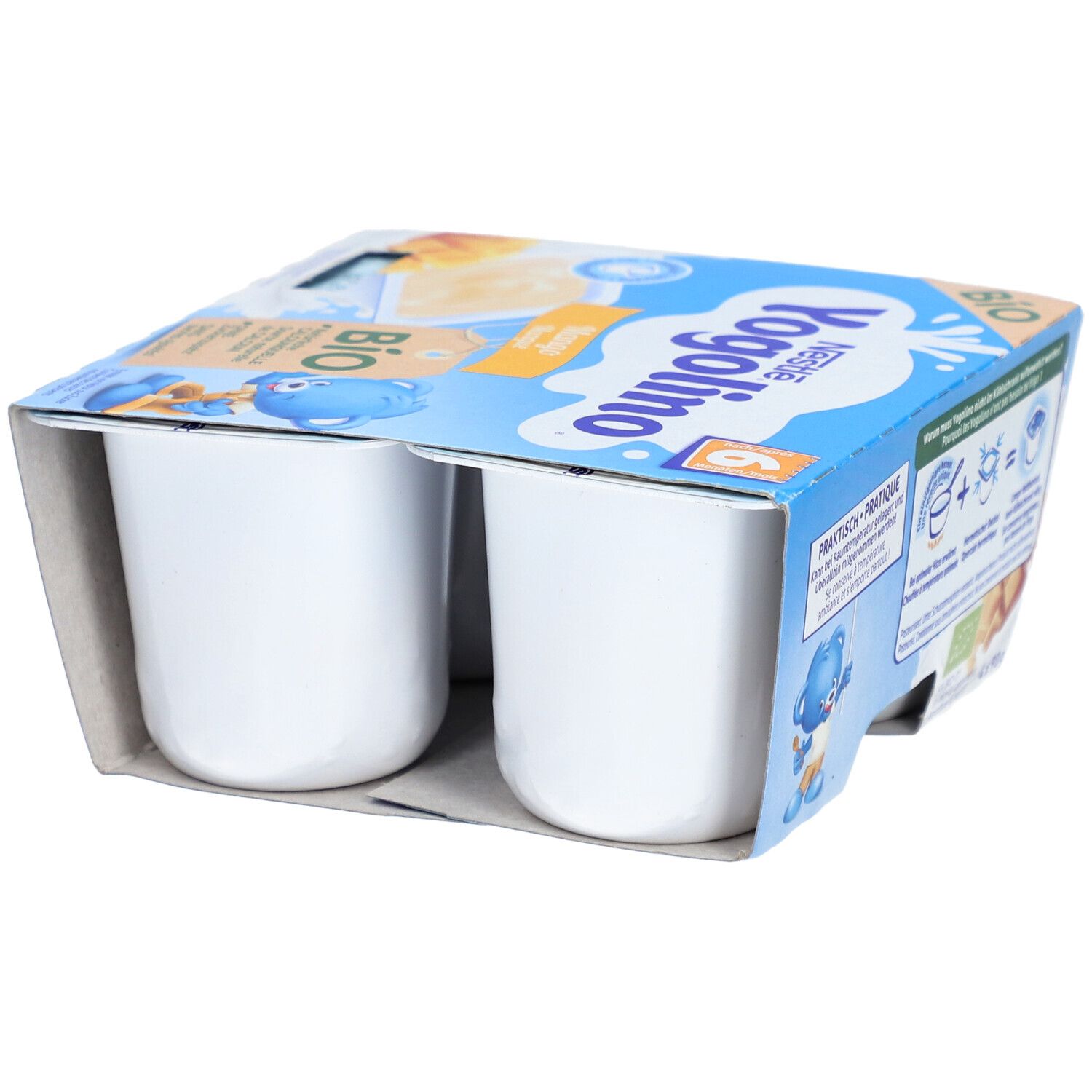 Verpackung mit zwei weißen Bechern Nestlé Yogolino Bio Mangue. Blaue Verpackung mit Produktlogo und Bio-Siegel.