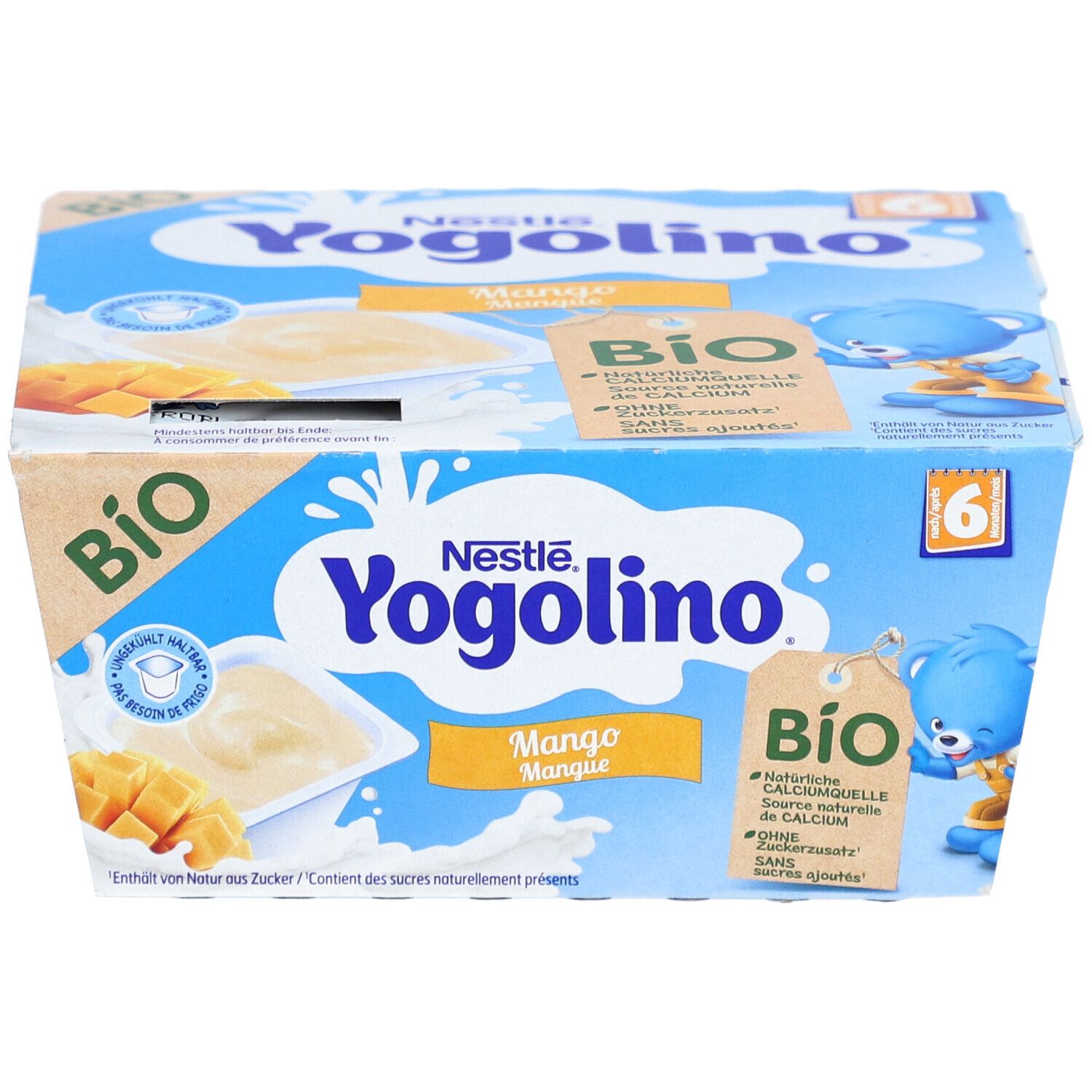 Verpackung mit vier Bechern Nestlé Yogolino Bio Mangue. Blaue Verpackung mit Produktlogo und Bio-Siegel. Mangostücke abgebildet.